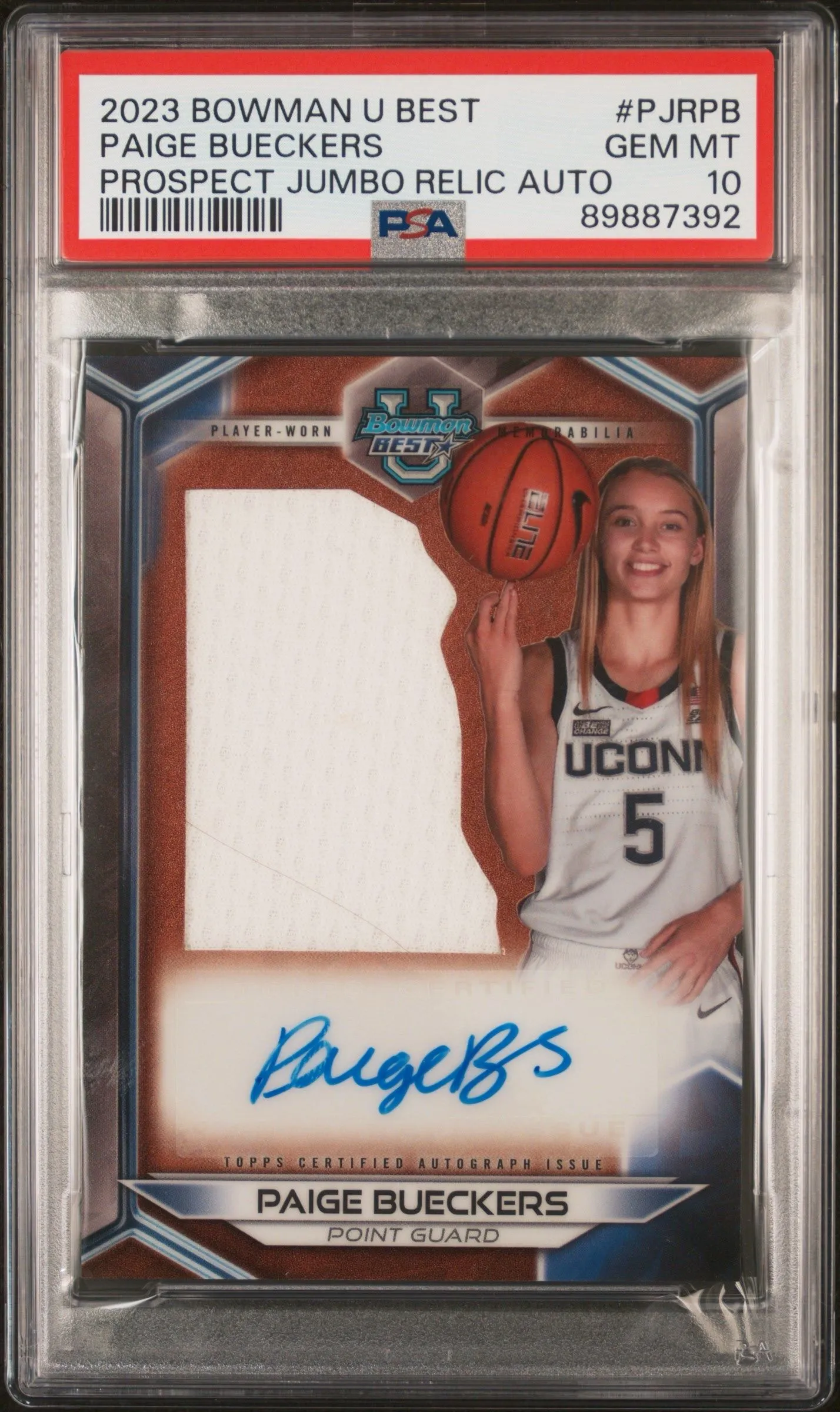 Product image for 2023 Bowman U Best Paige Bueckers Prospect Jumbo Relic Auto PSA 10