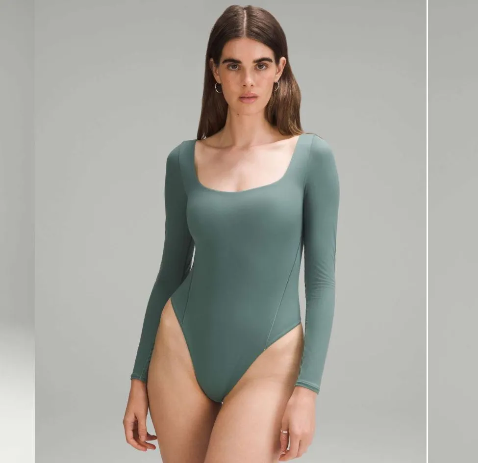Product image for Lululemon Wundermost Ultra-Soft Nulu Square-Neck Long-Sleeve Bodysuit Medium Forest size xl