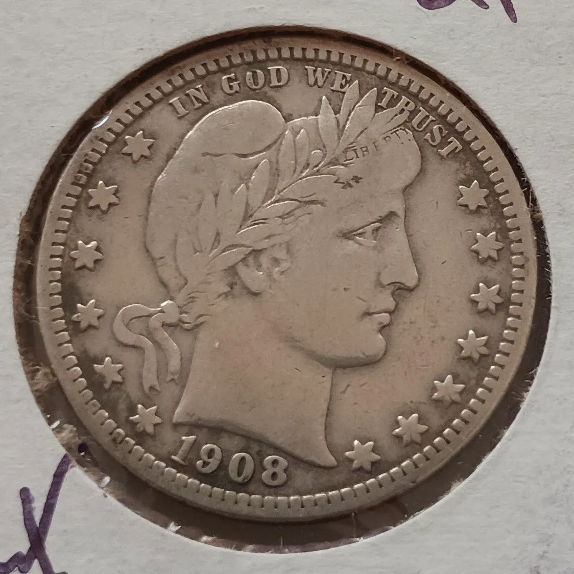 Product image for 1908 d Barber Quarter. cleaned. a6