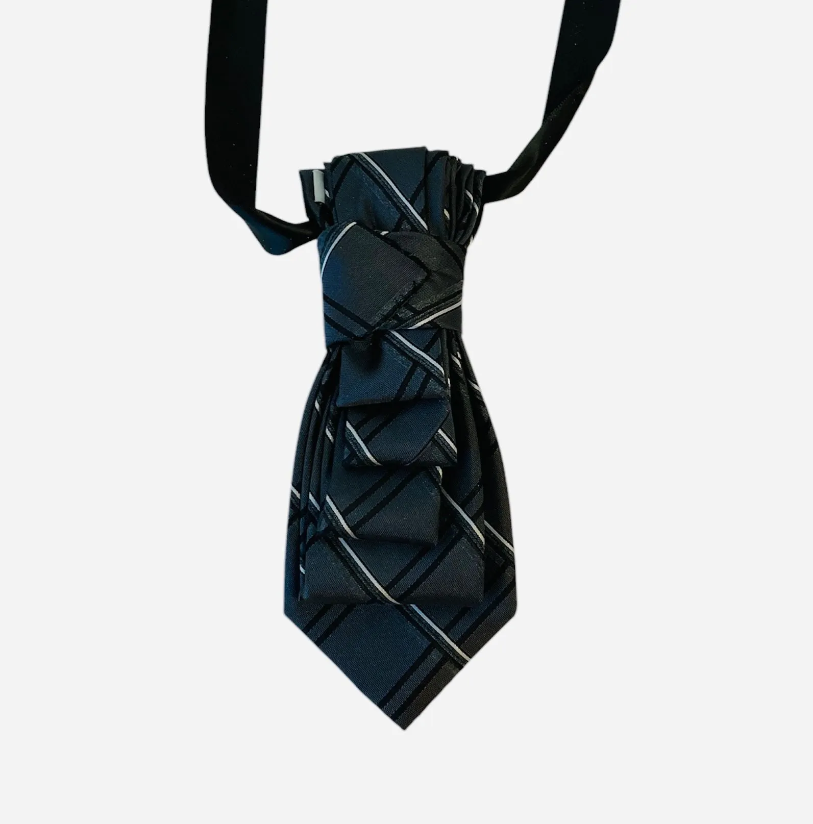 Product image for 76. Upcycled Tie Necklace DKNY Charcoal with Black and White Stripes