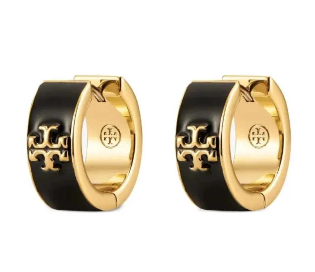 Product image for New Authentic Tory Burch Kira Black Enamel/ Gold Huggie Hoop Earrings on TB card