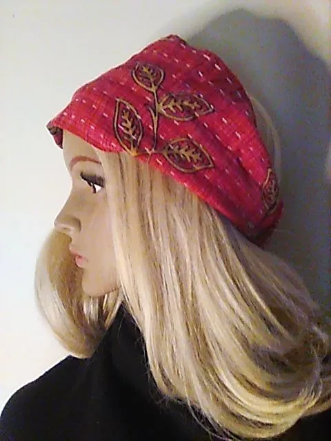 Product image for H28. Headband Pink Cotton Kantha Wide Leaf Print Boho Hippy Gypsy New