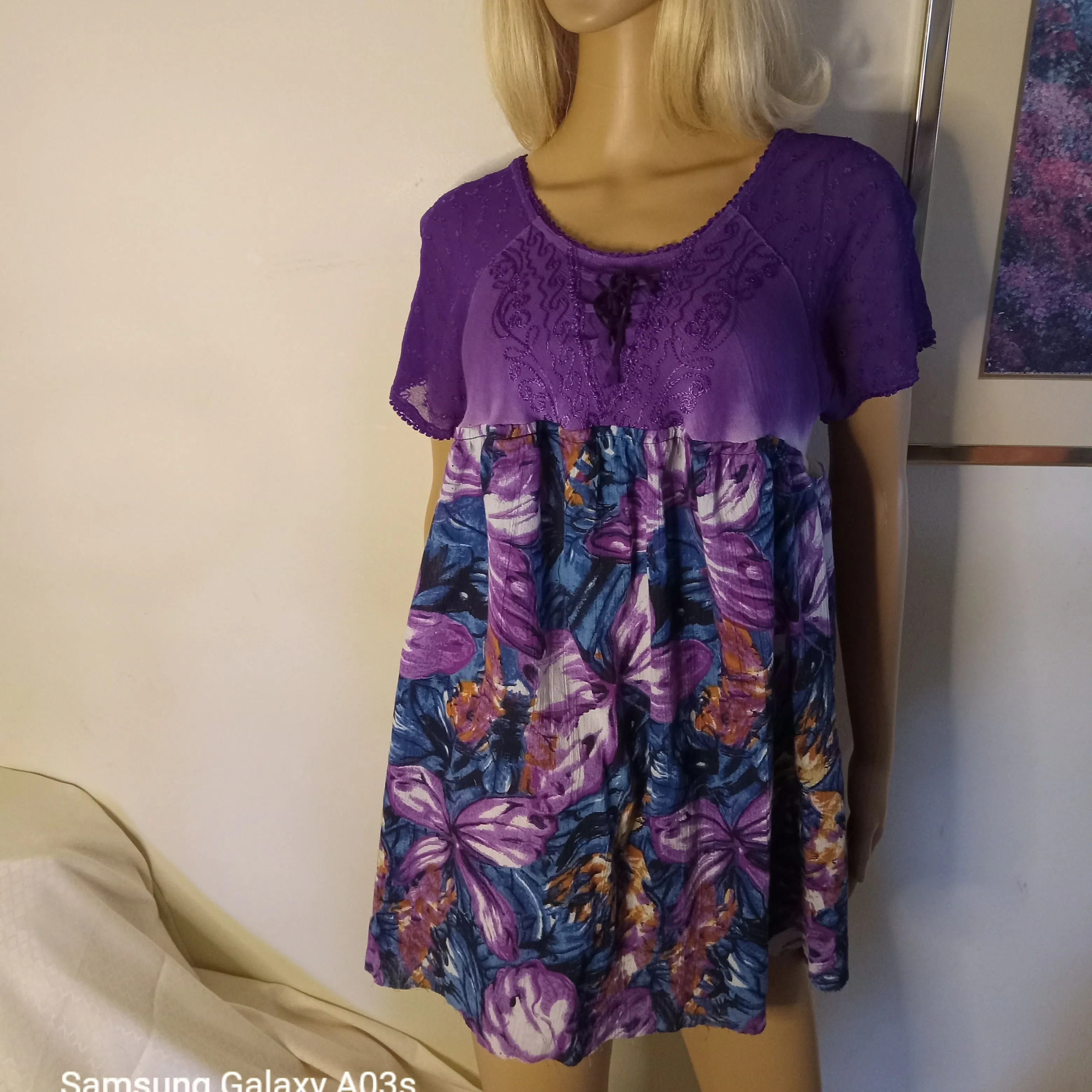 Product image for Babydoll Top Butterflies Embroidery M-L Purple Upcycled Boho