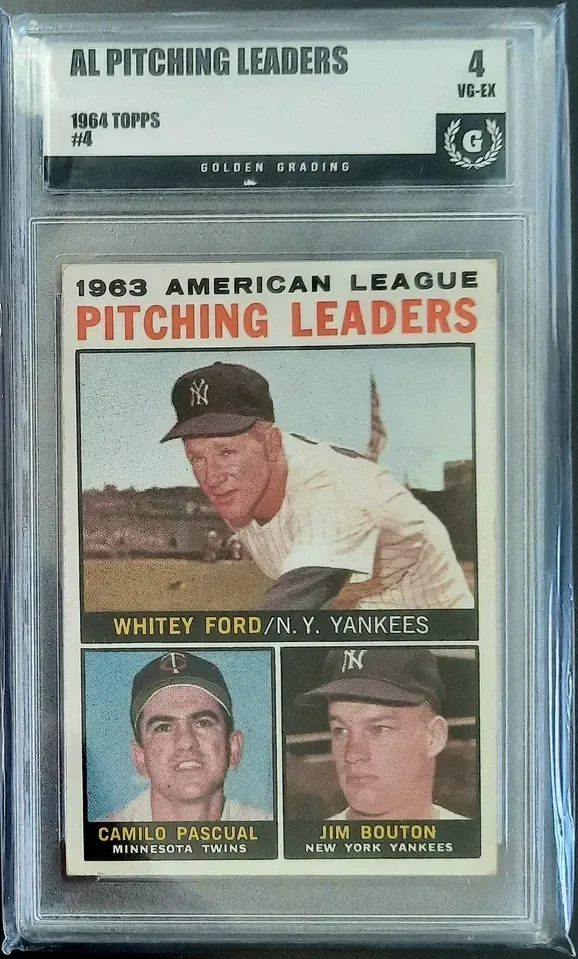Product image for Whitey Ford & Camilo Pascual & Jim Bouton 1963 A.L. Pitching Leaders 1964 Topps #4 Golden Grading (GG) 4 VG-EX