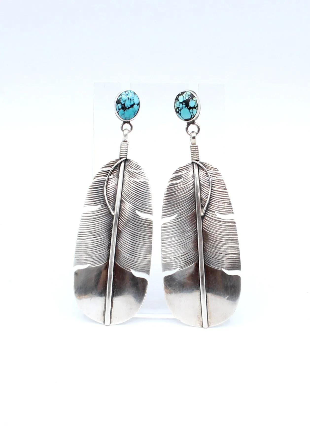 Product image for Native signed HY sterling silver turquoise feather earrings 16.61g
