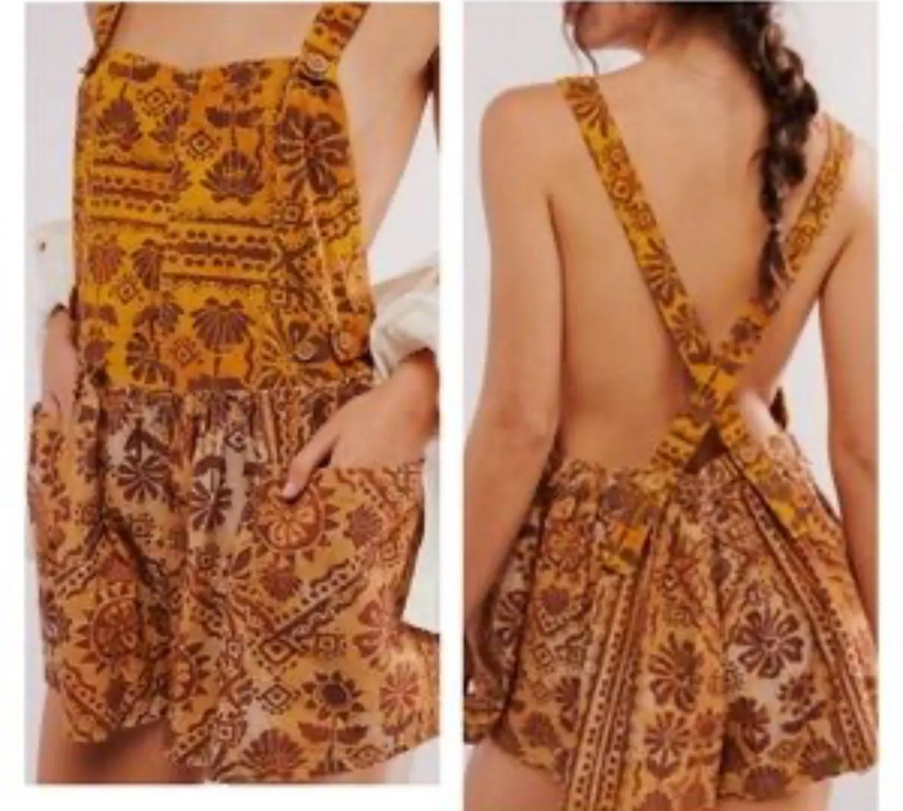Product image for 28 Free People Palm Bay Printed Shortalls Romper in Dessert Combo Size L NWOT