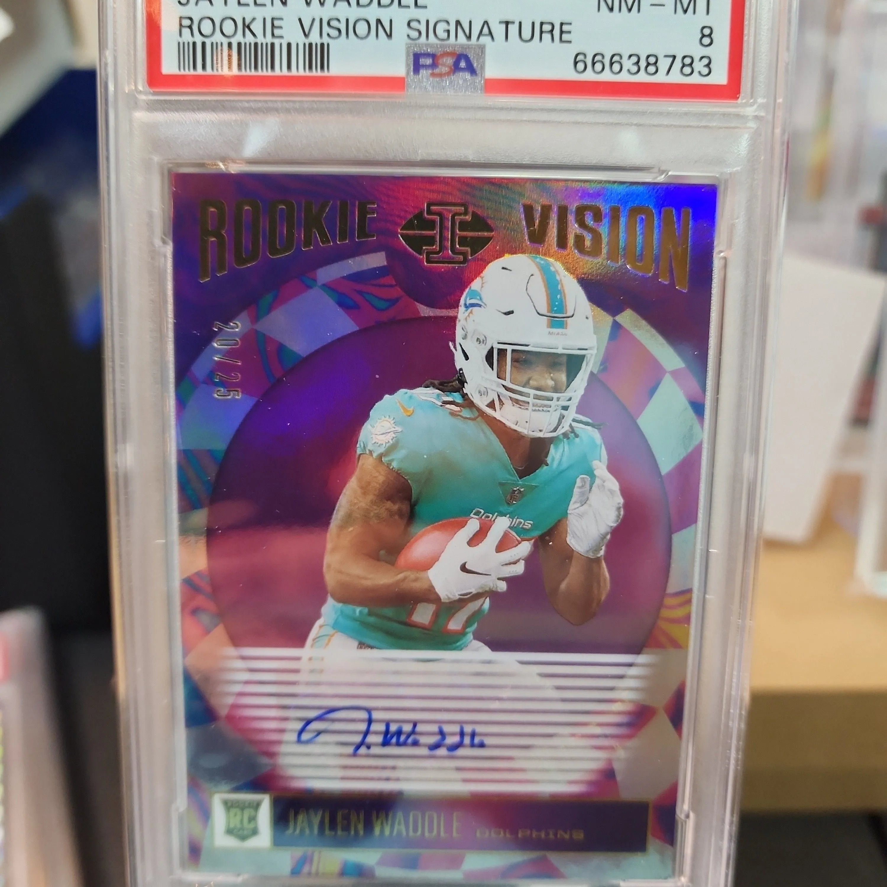 Product image for 2021 Panini Illusions Rookie Vision Signatures Jaylen Waddle JW Rookie Vision Signature PSA NM-MT 8