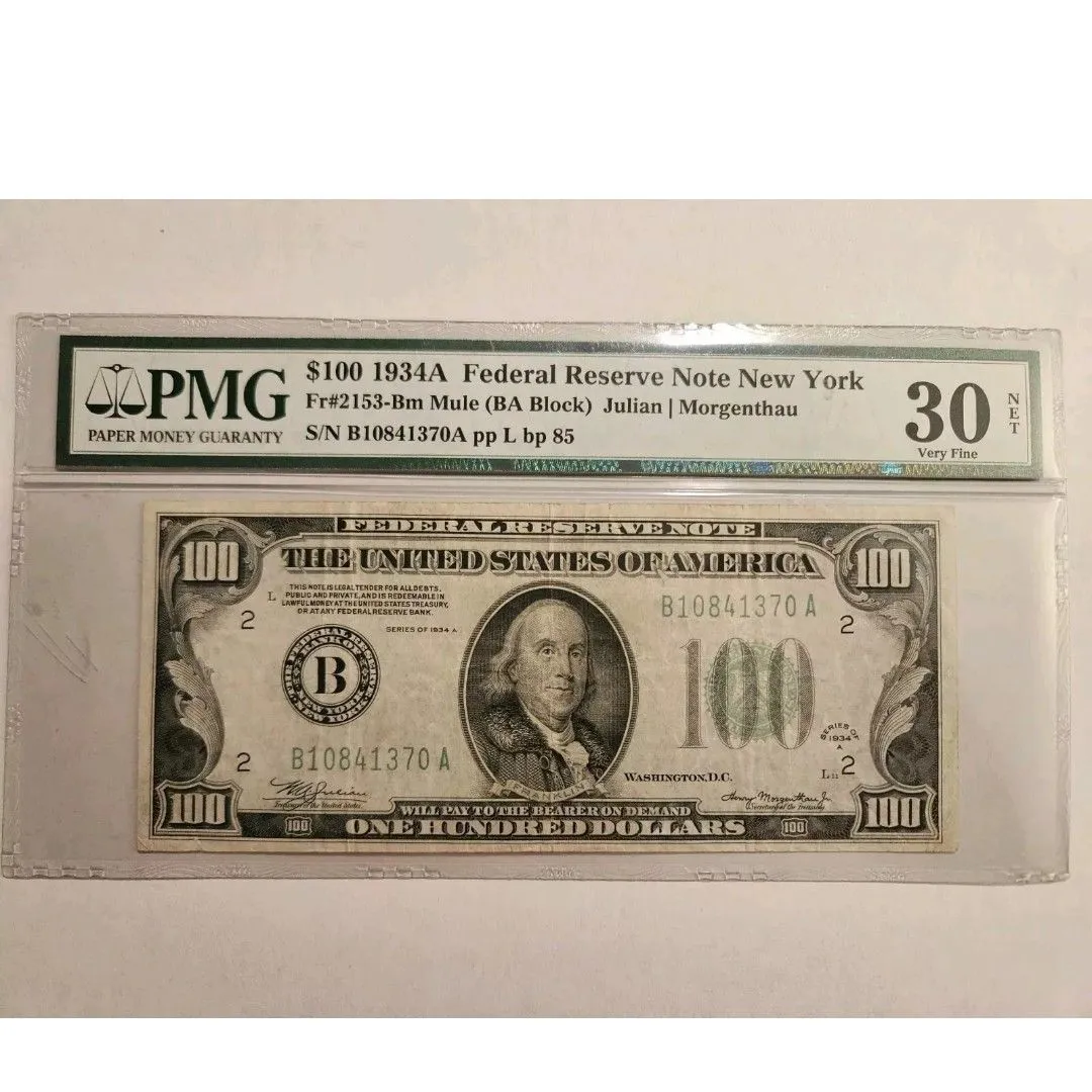 Product image for PMG 30 1934A $100 Bill New York Julian Morgenthau BA Block