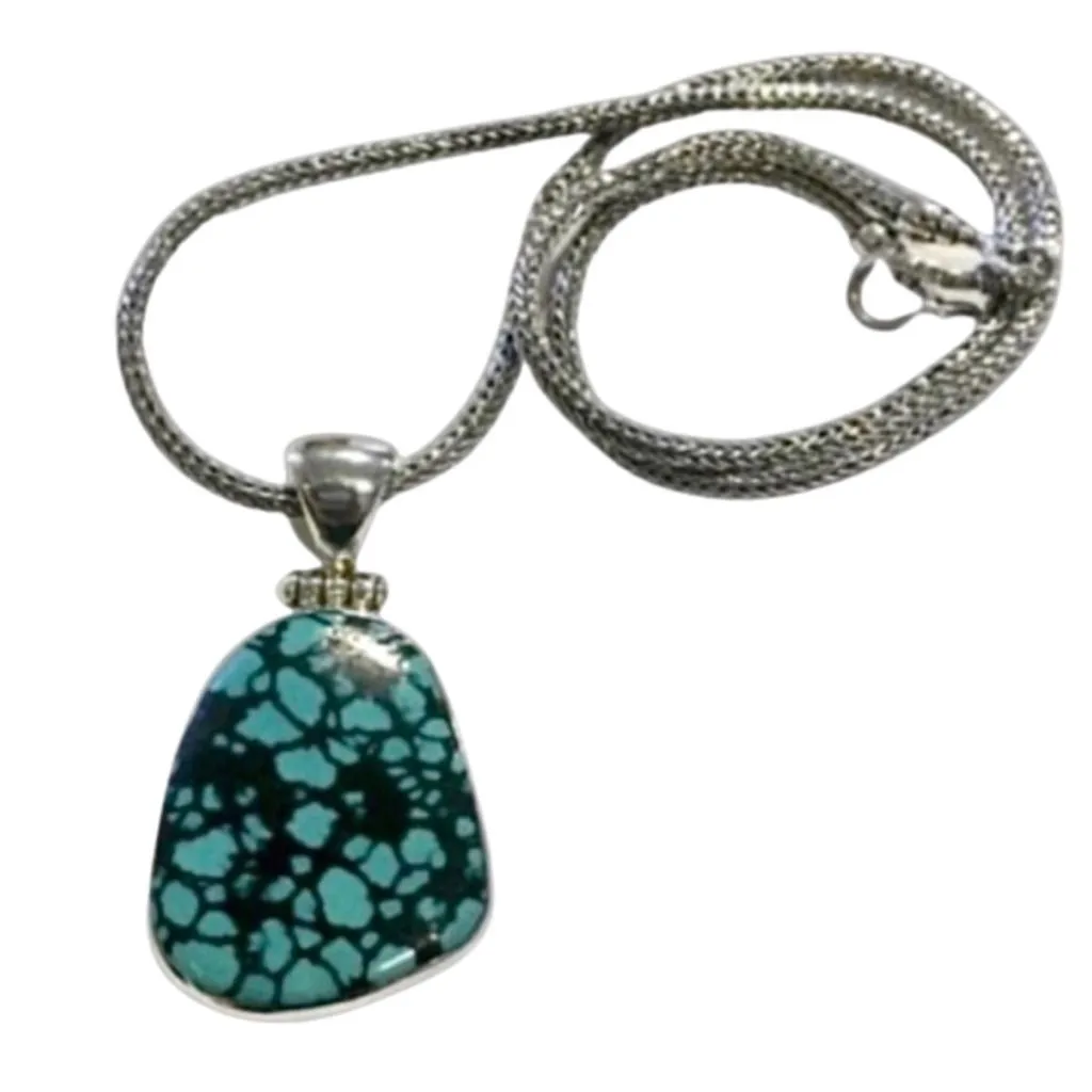 Product image for Turquoise Black Spiderweb Cabochon Sterling Silver Wheat Chain Necklace