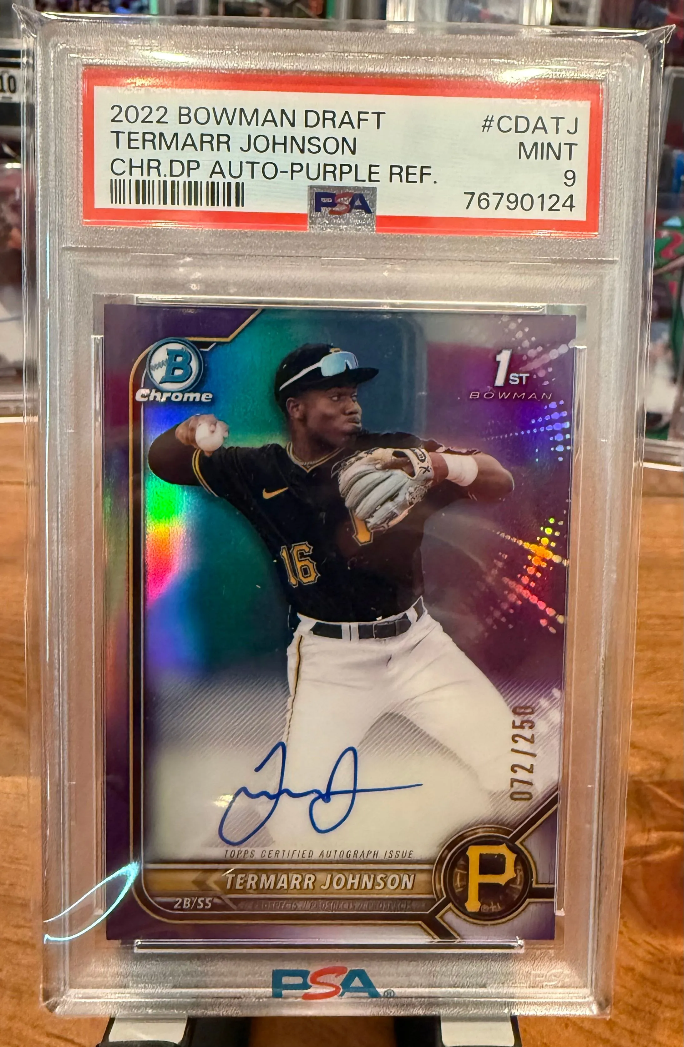 Product image for 2022 Bowman Draft Termarr Johnson 1st Purple Auto /250 PSA 9
