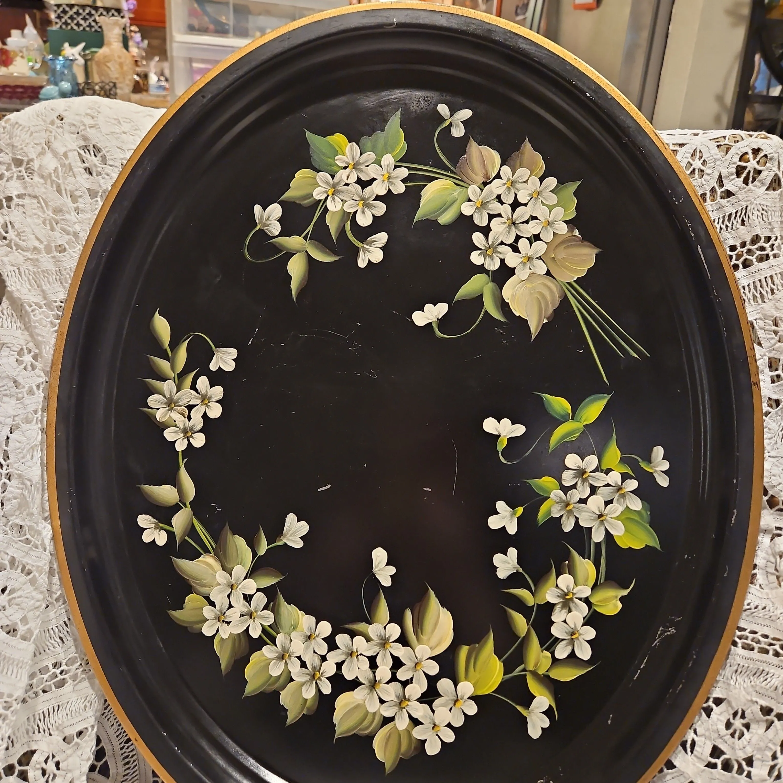 Product image for Large Handpainted Toleware Pilgram Art metal tray 17x23in markedon back