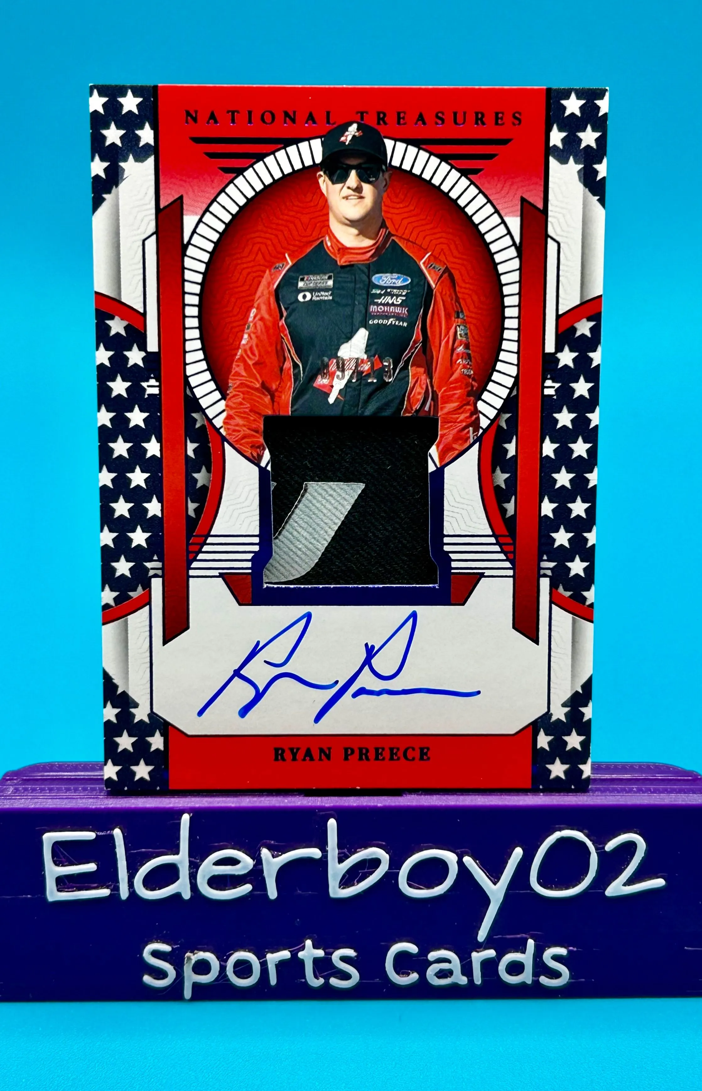 Product image for Ryan Preece 9/13 Auto Firesuit Premium Patches Stars & Stripes 2024 Panini National Treasures Racing