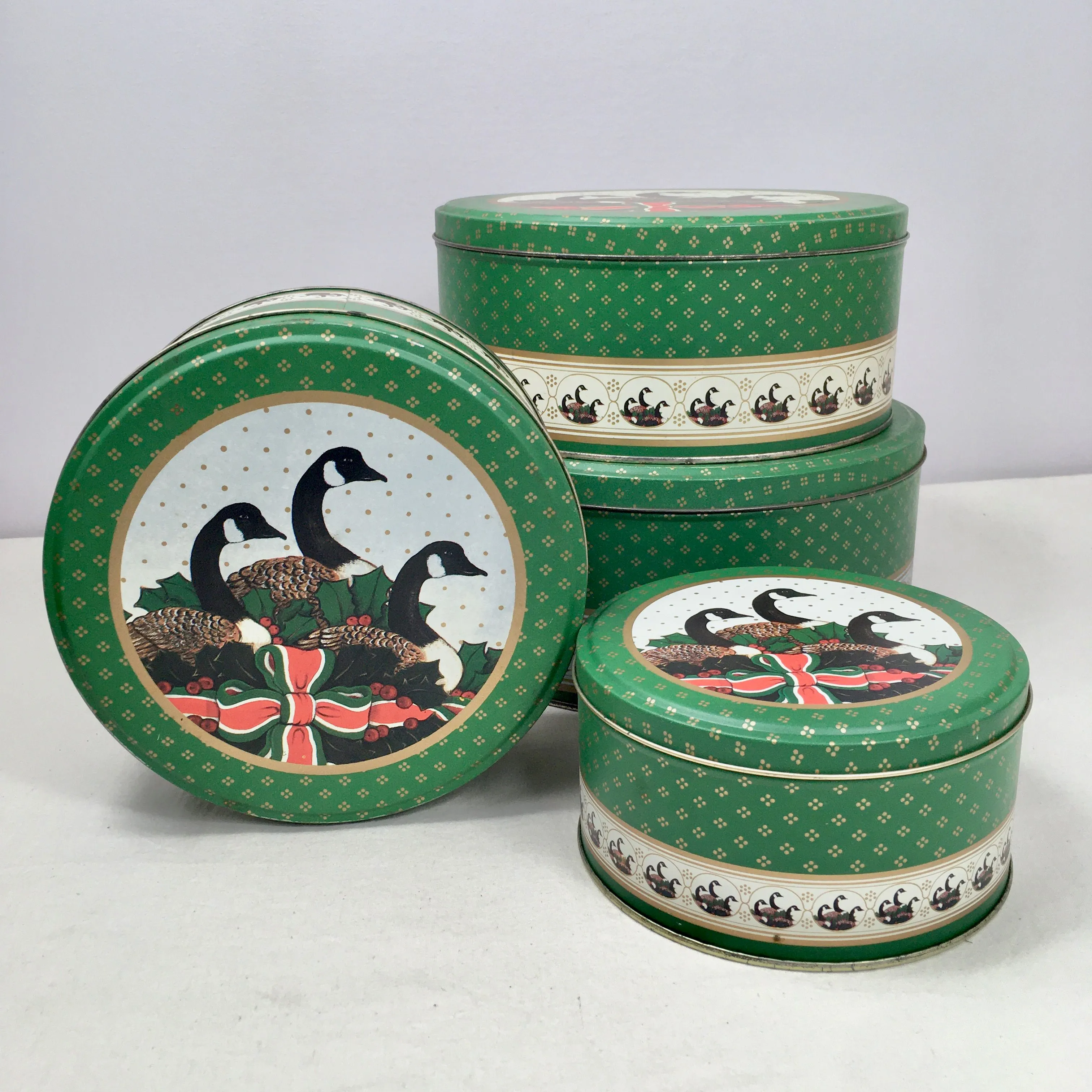 Product image for 4 Holiday Canadian Geese Nesting Tins Christmas Winter Red Green Holly Box