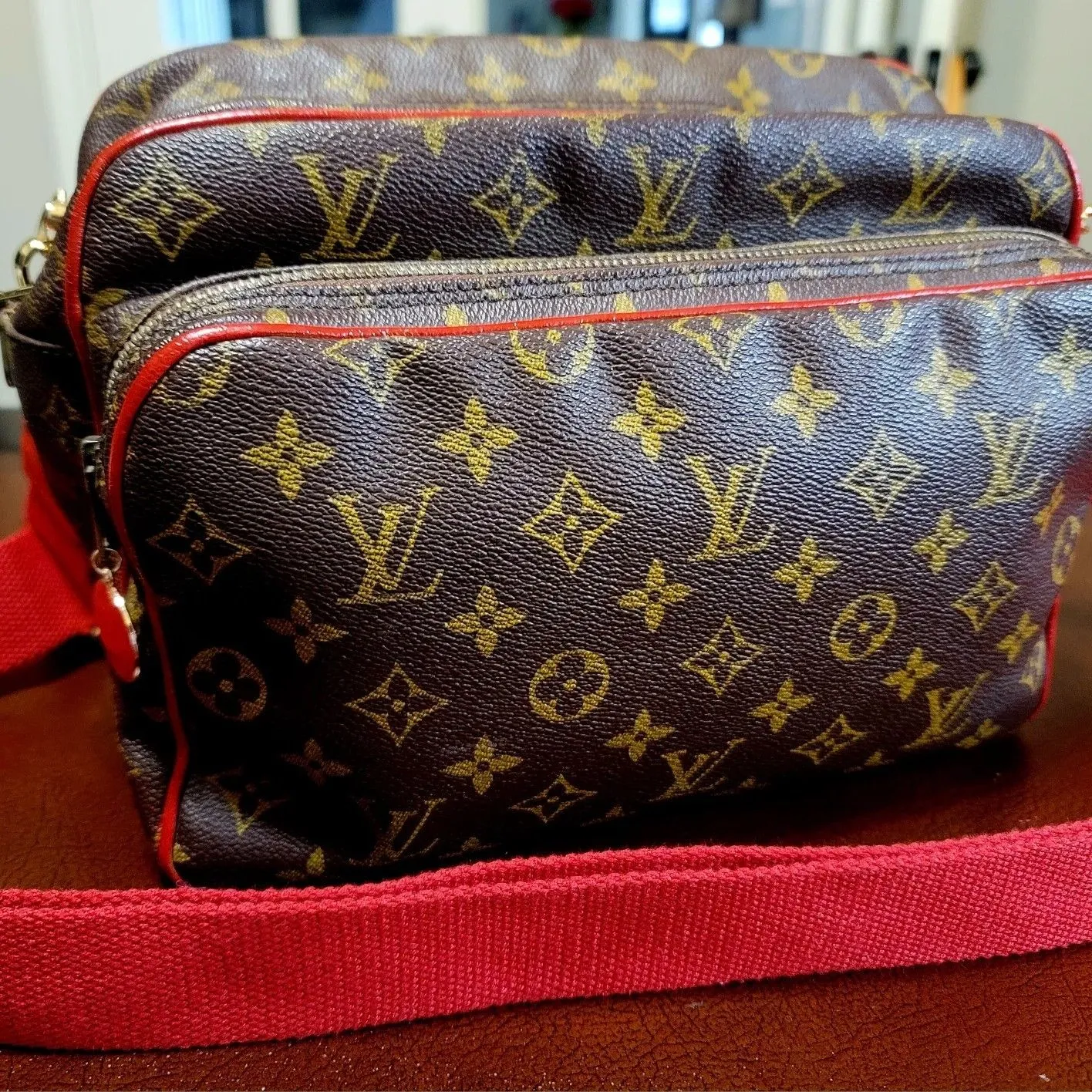 Product image for Louis-Vuitton Nile Brown Monogram Custom Red Piping - Unisex Crossbody Bag 🎒 