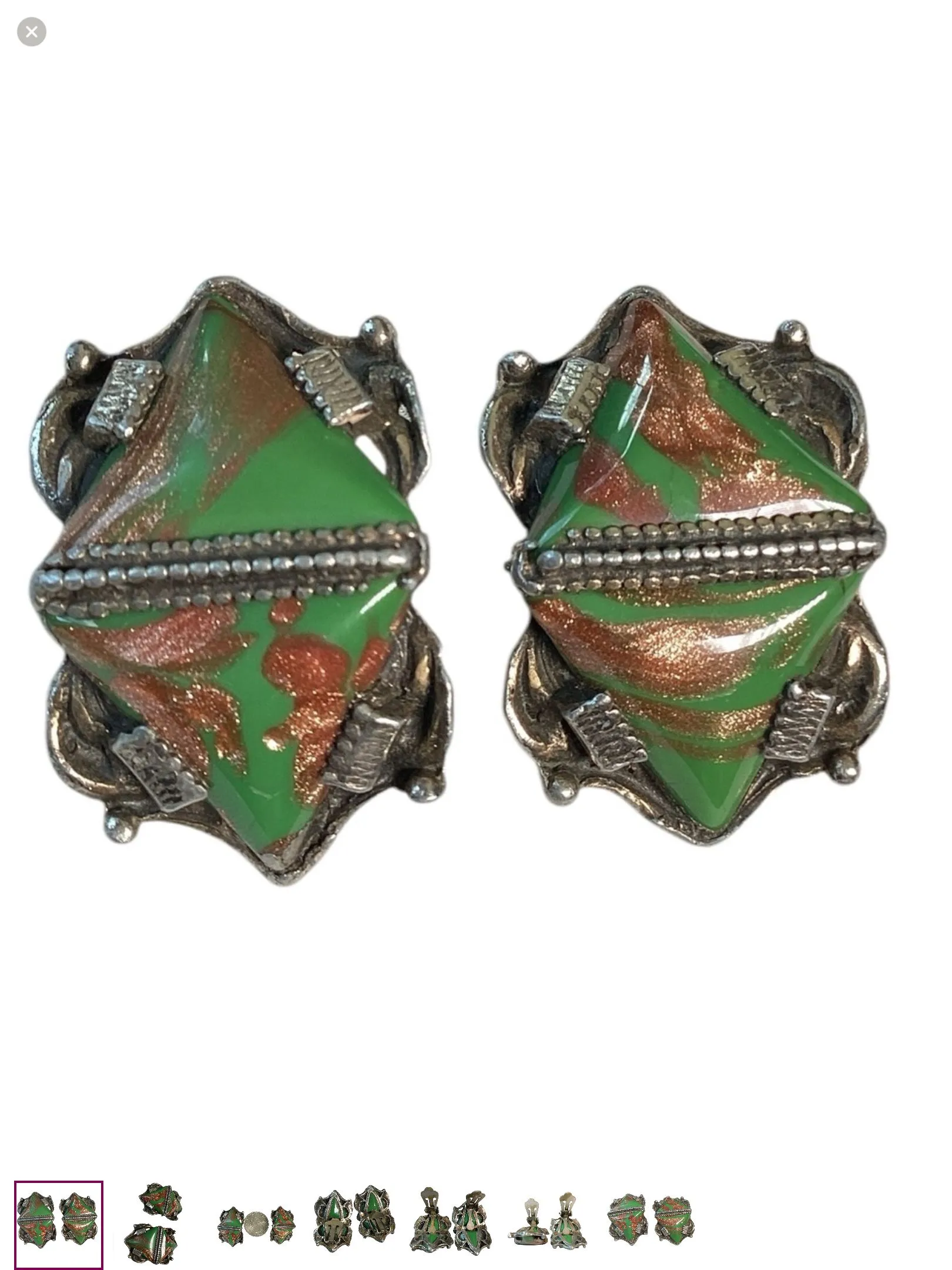 Product image for Art Deco Glitter Glass Clip Earrings (unsigned Selro?)