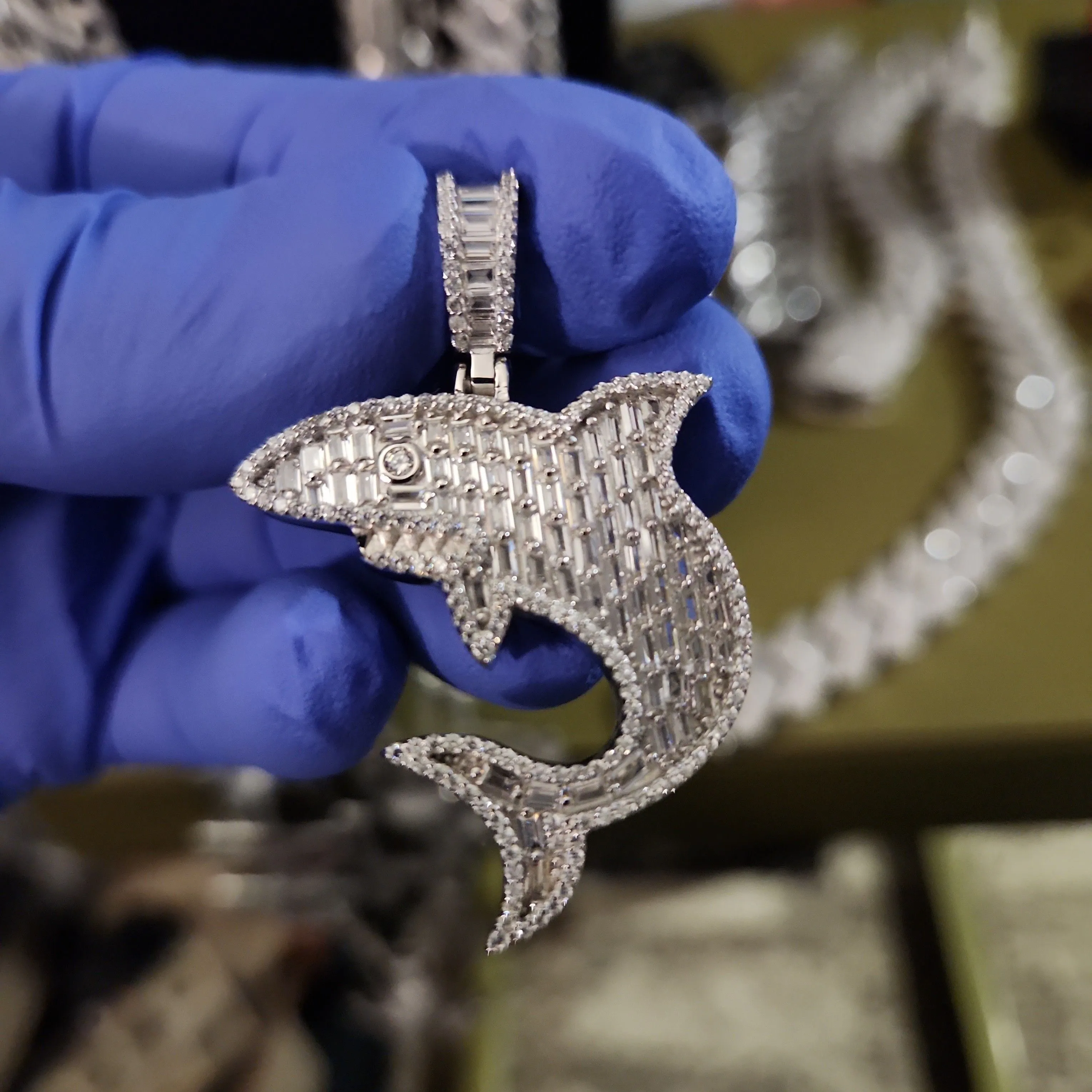 Product image for .925 Italy 🇮🇹  iced out(cz) shark pendant