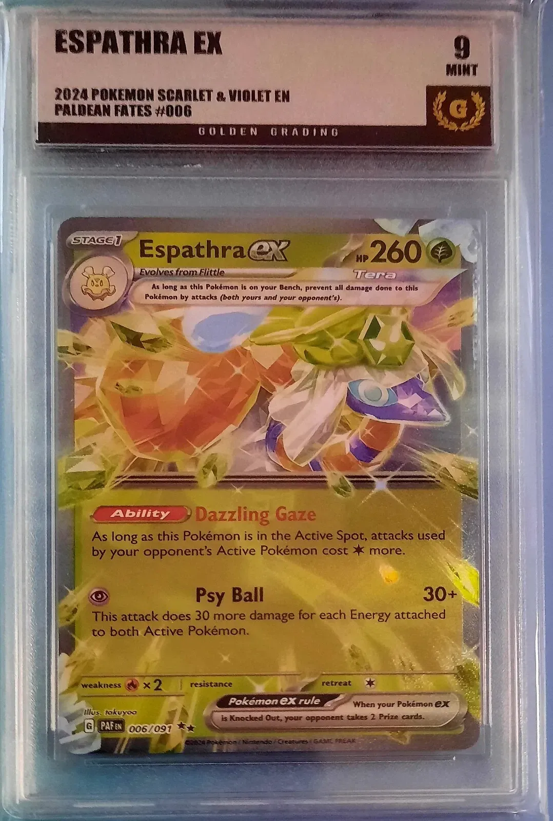 Product image for Espathra EX 2024 Pokemon S&V Paldean Fates 006 Golden Grading GG 9 Mint