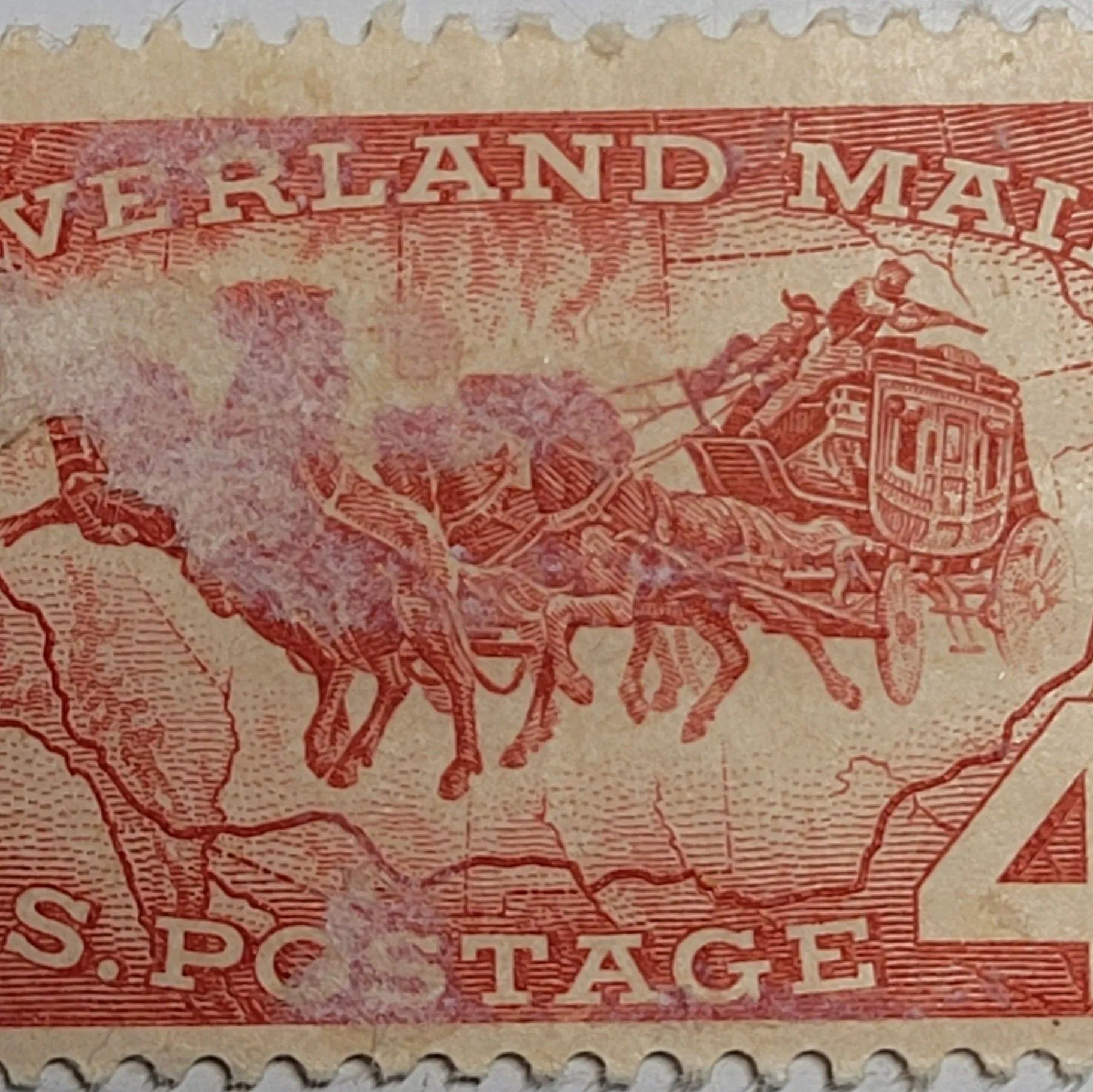 Product image for 1958 Scott #1120 Overland Mail Centennial Red 4-Cent Post Unmarked Blemishes See Pics. The image sho