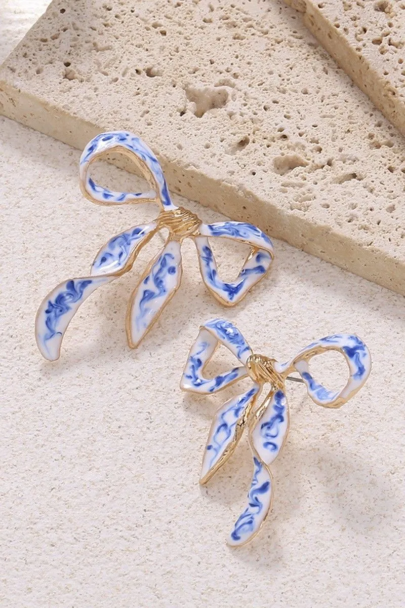 Product image for Bow Porcelain Print Geometric Stud Earrings - Blue