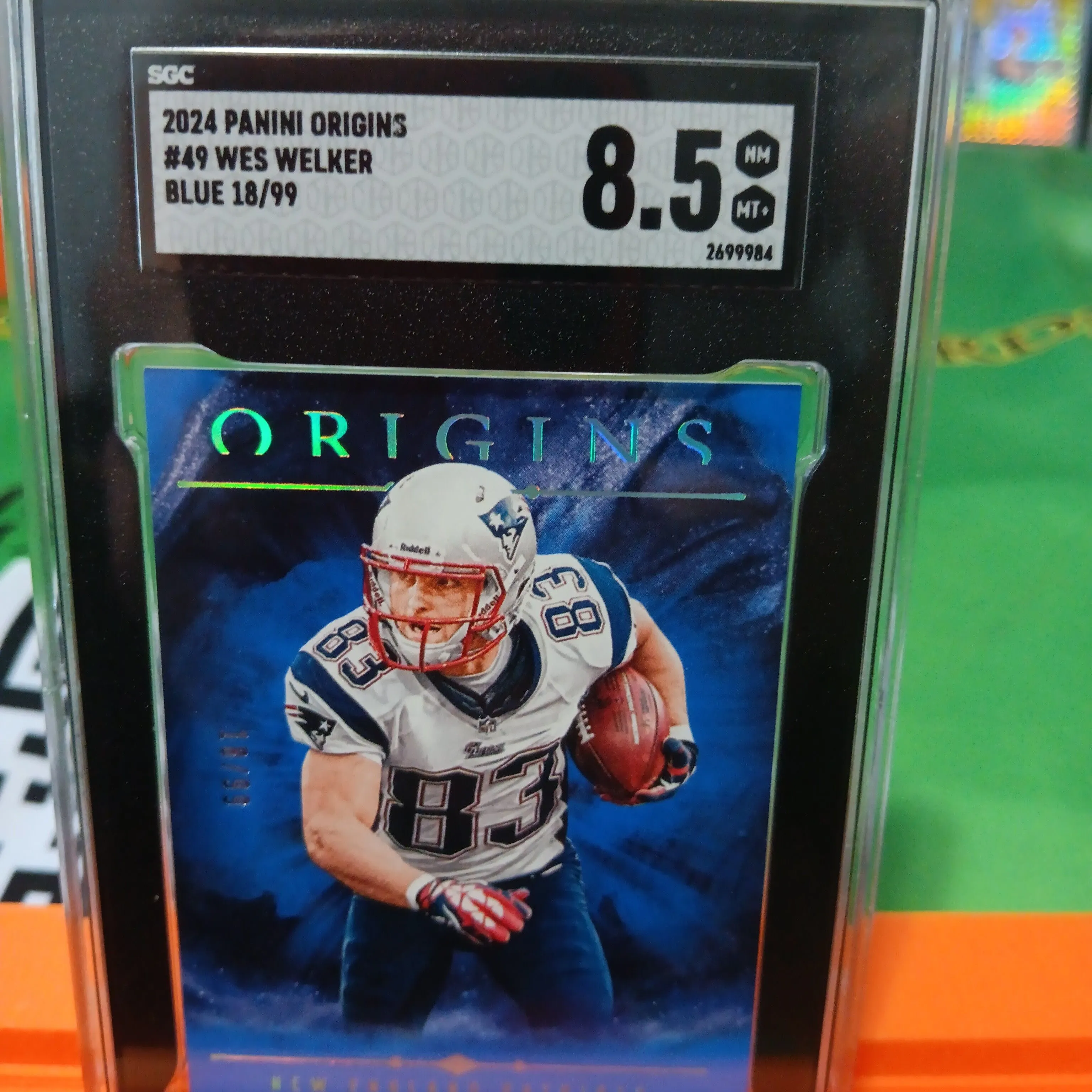 Product image for 2024 Panini Origins Wes Welker SGC Blue 8.5