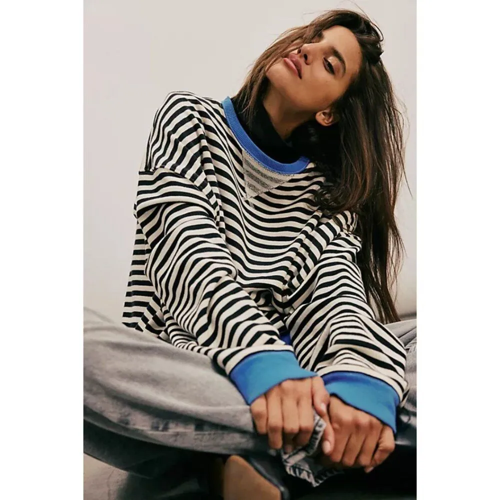 Product image for Free People Classic Striped Oversized Crewneck Black Combo NWOT Size XL