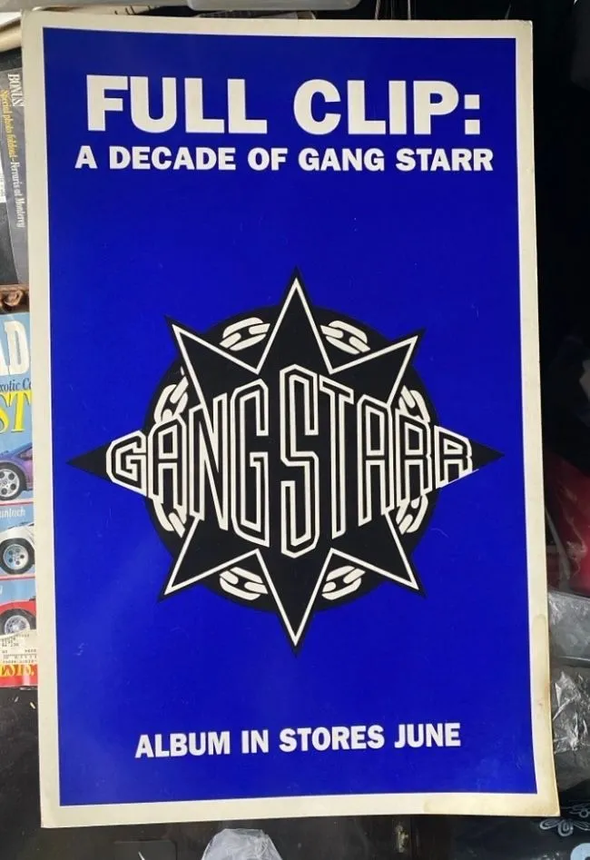 Product image for Gang Starr Full Clip poster with bold blue and white design. Perfect for music fans. Used Vintage Ha