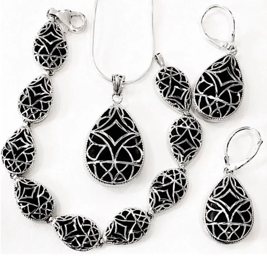 Product image for Elegant Sterling Silver and Black Black Jewelry Set | Necklace Earrings Bracelet