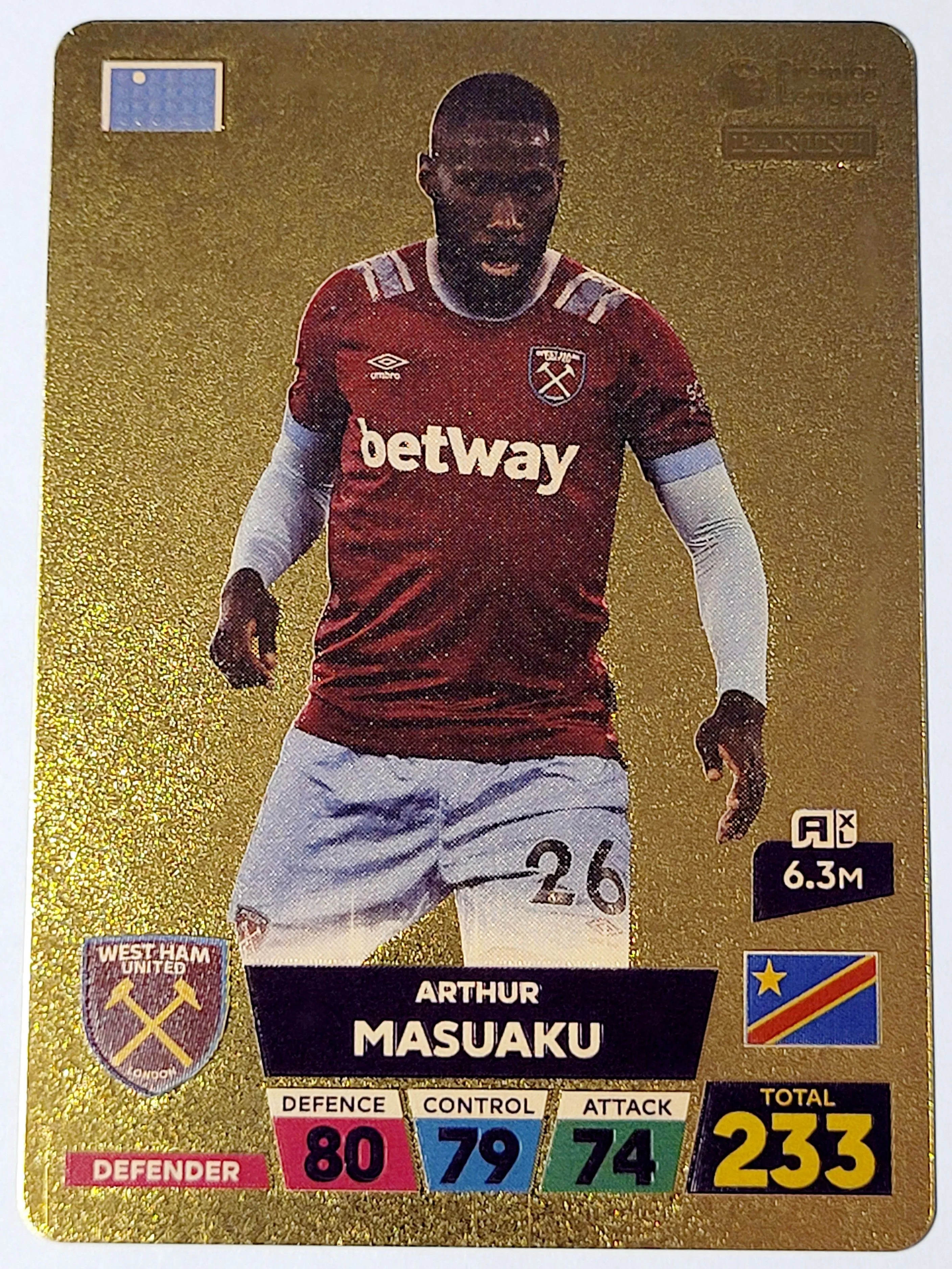 Product image for 2022 Arthur Masuaku Defender Panini World Soccer Stars Plastic Gold Color Card. Near Mint Condition.