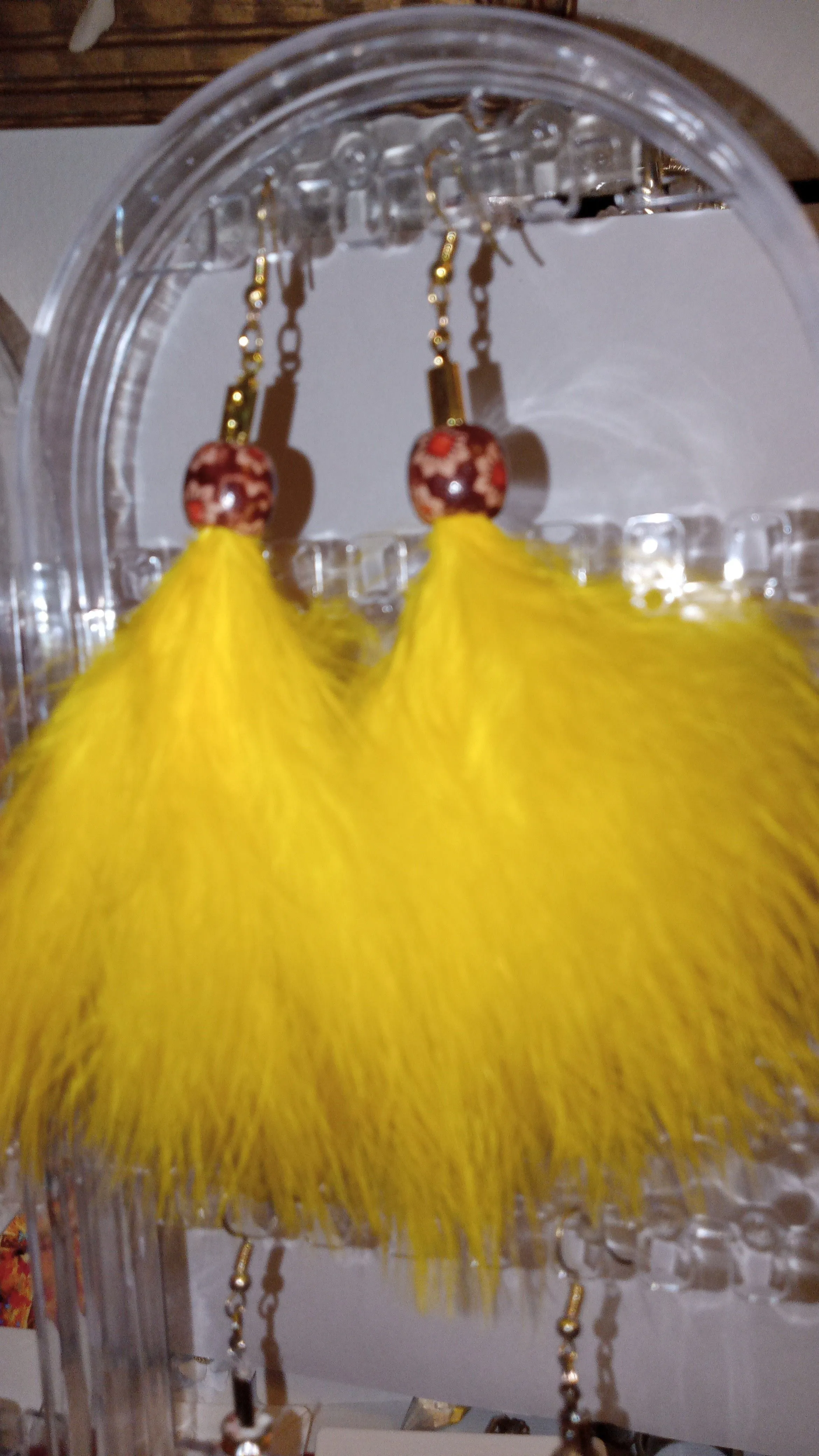 Product image for F1. Feather Earrings Yellow With Wooden Beads Pierced Handcrafted #2