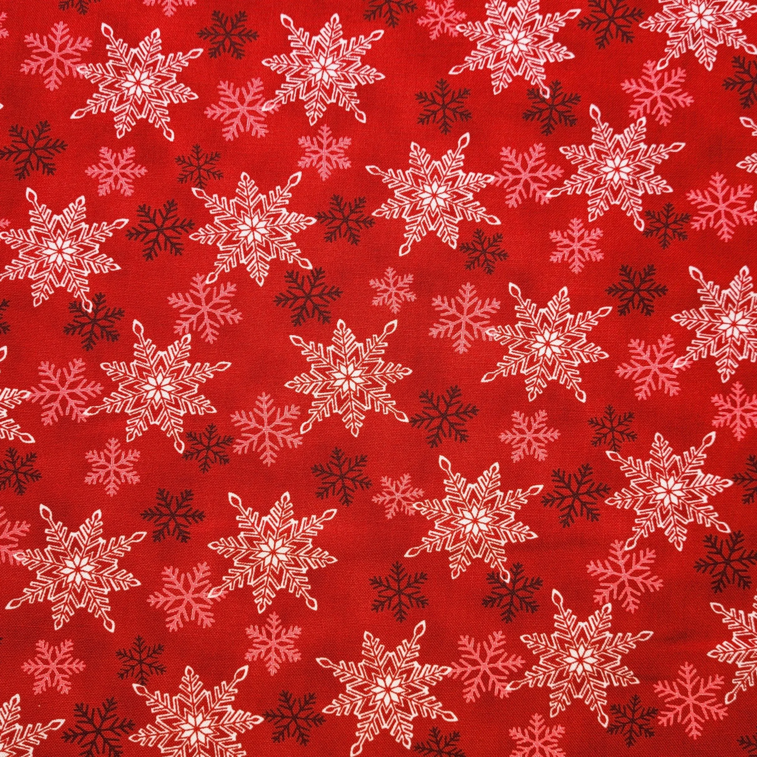 Product image for #49 half yard. holiday Christmas snowflakes on red.  holiday moda fabric