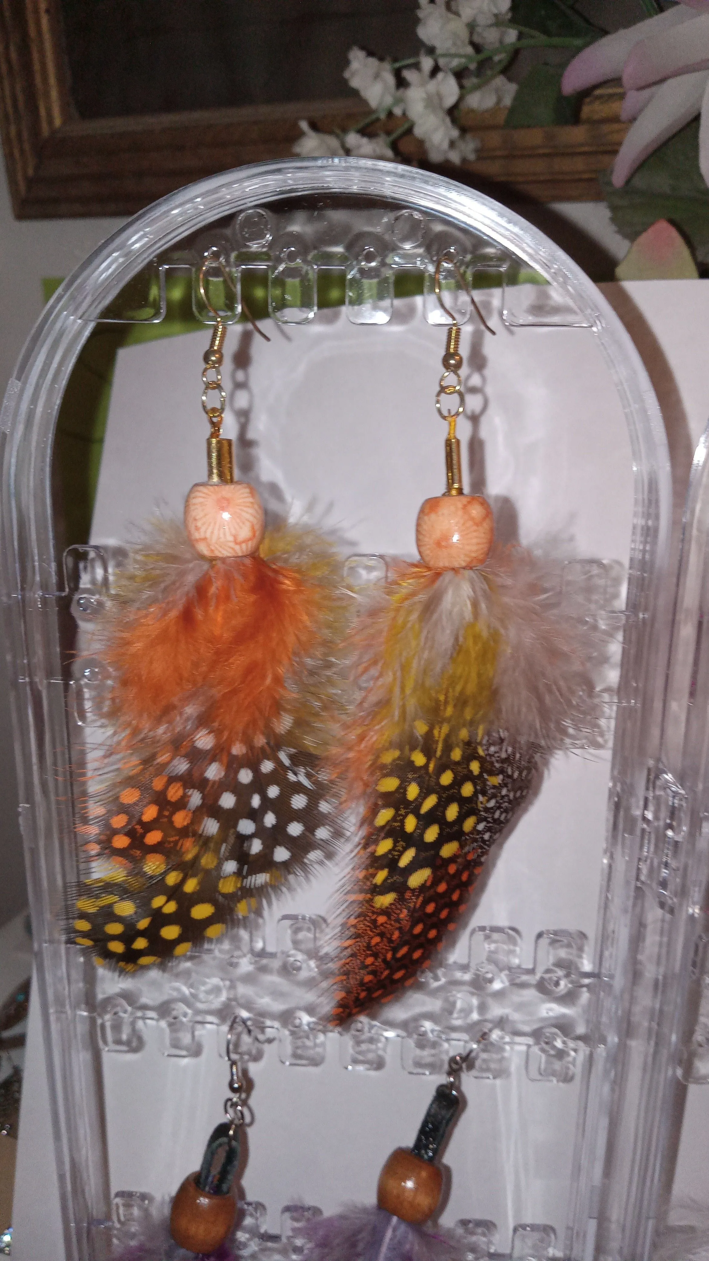 Product image for F1. Feather Earrings Brown Orange Guinea Feathers Pierced Handcrafted #8