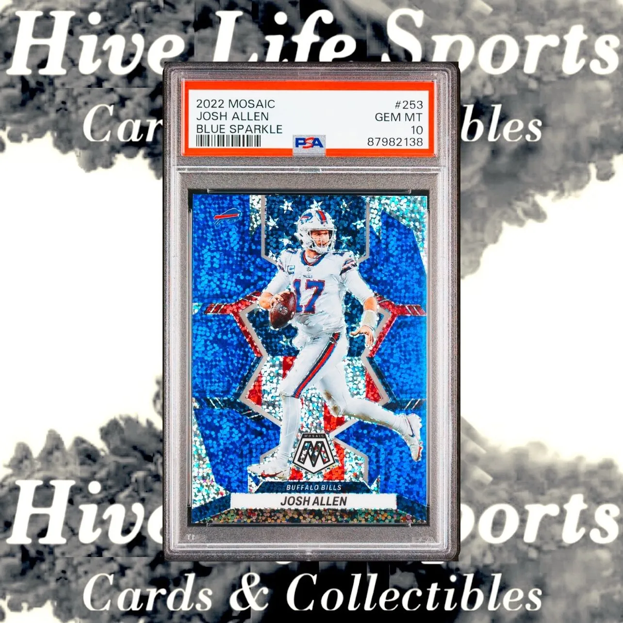Product image for Josh Allen 2022 Panini Mosaic National Pride Blue Sparkle SP #253 Bills PSA 10