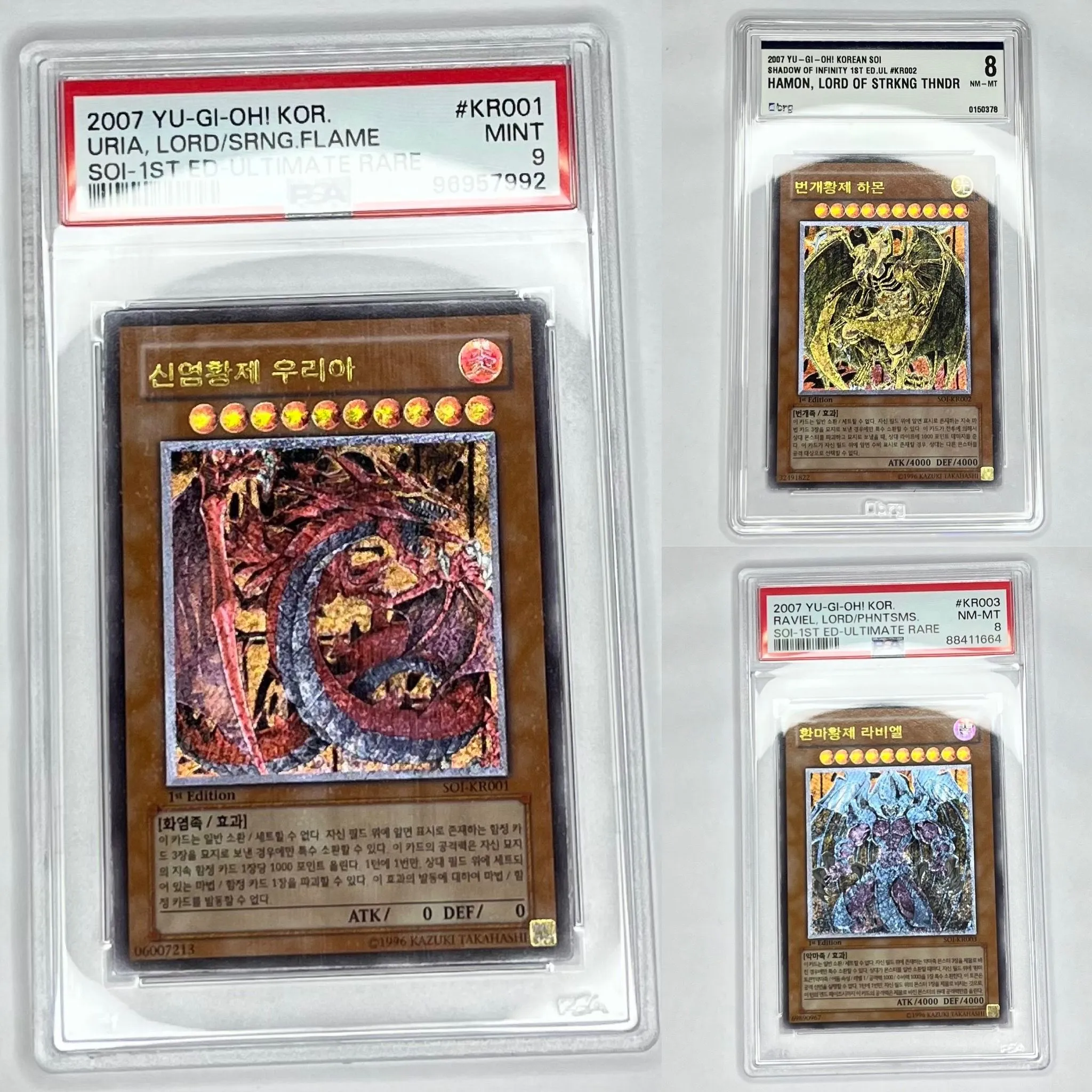 Product image for Yu-Gi-Oh! PSA 9 Uria + PSA 8 Raviel + Graded 8 Hamon 1st Edition Korean Ultimate