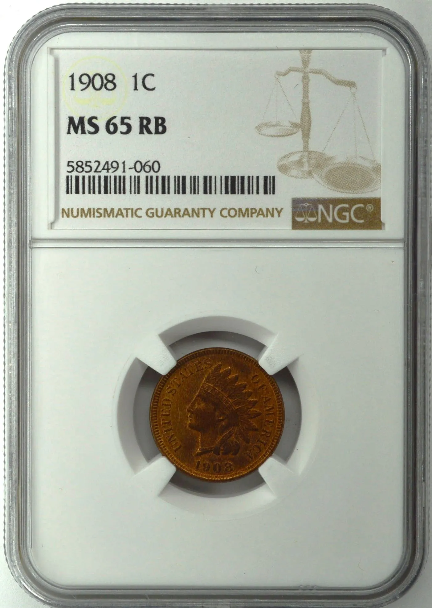 Product image for 1908 BRONZE INDIAN HEAD CENT 1C NGC MS 65 RB