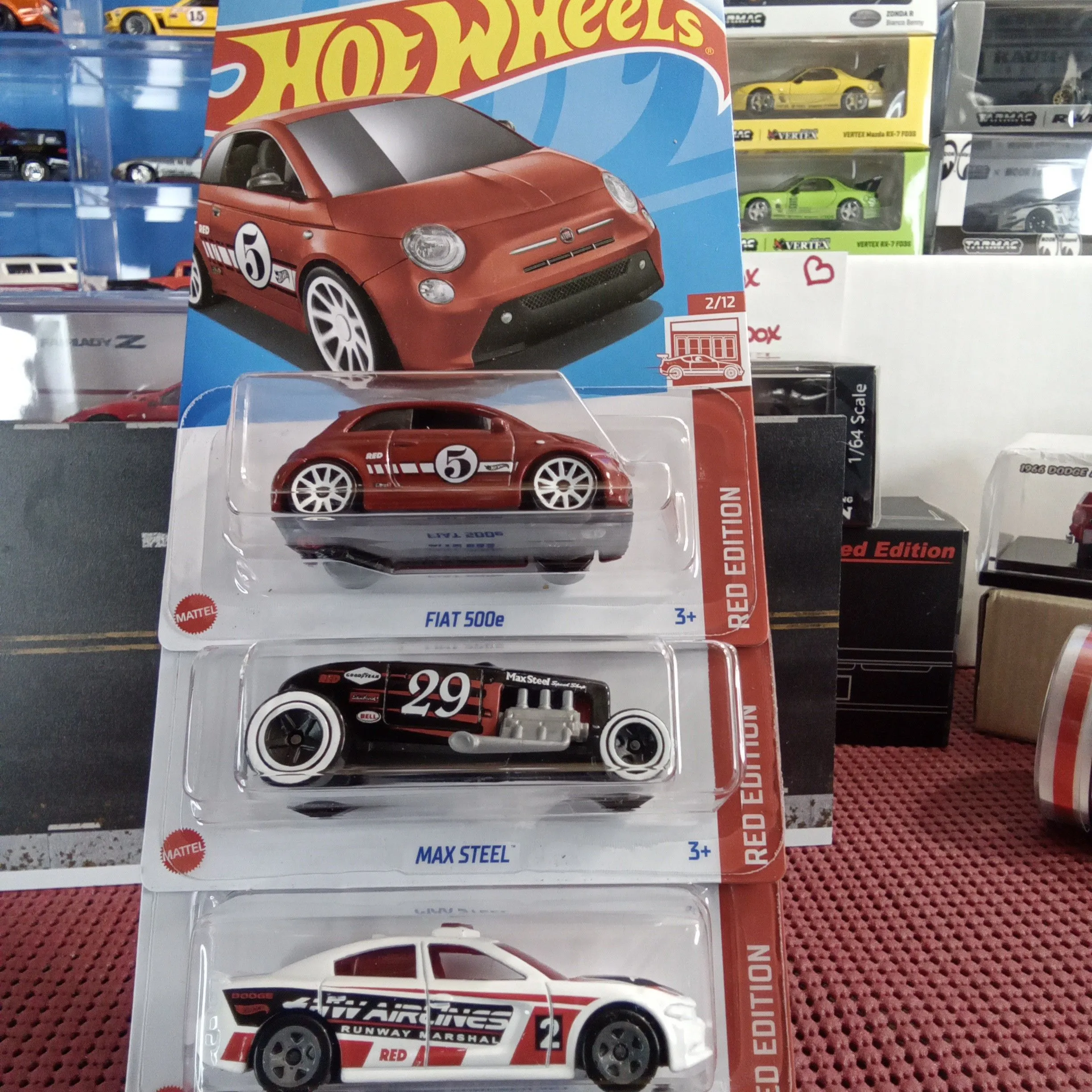 Product image for Set of 3 - HW Red Edition Fiat 500e, Max Steel, & '15 Dodge Charger SRT