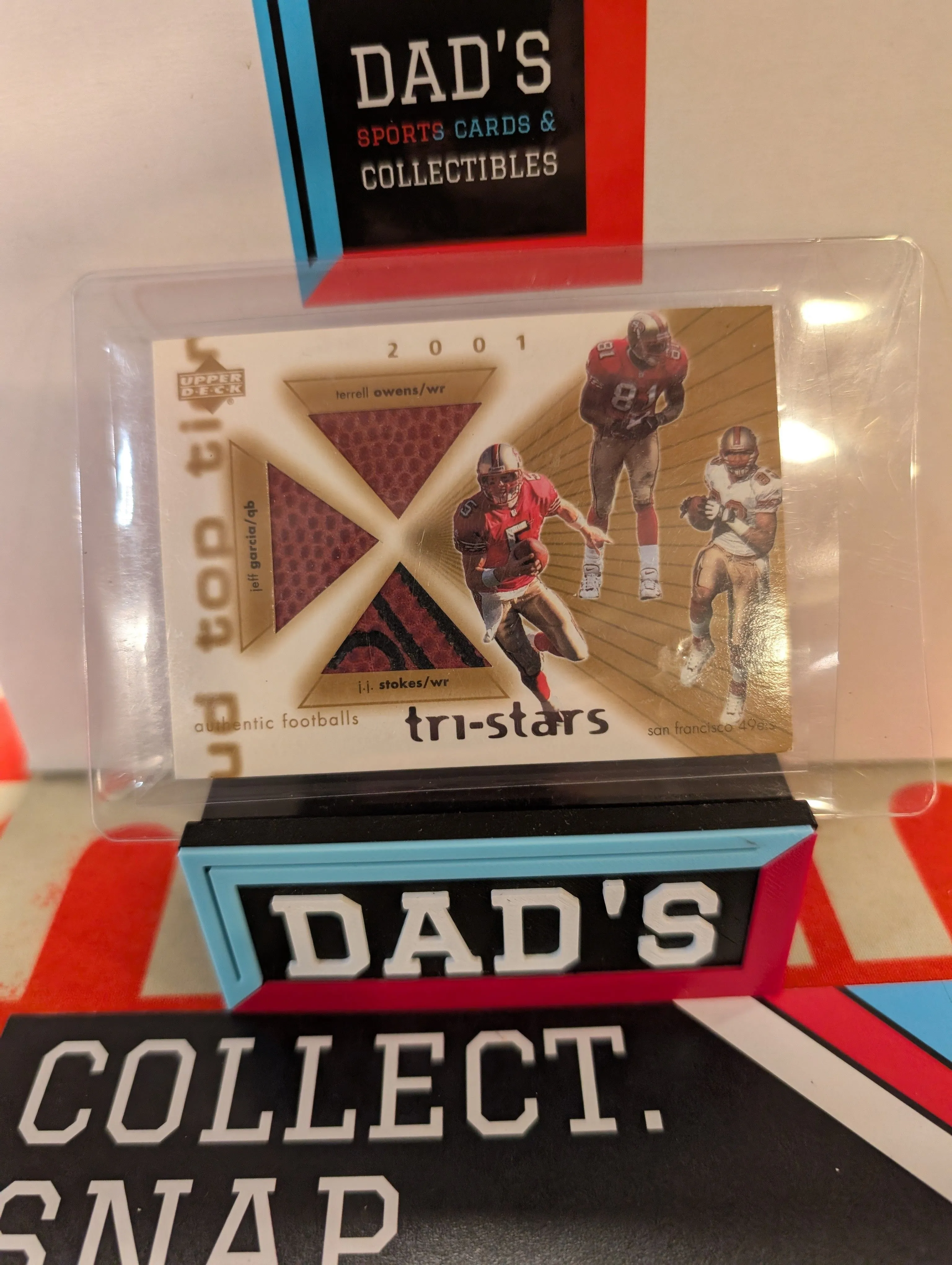 Product image for Upper Deck 2001 Top Tier Tri-stars Triple Owens/Garcia/Stokes GAME USED FOOTBALL RELIC
