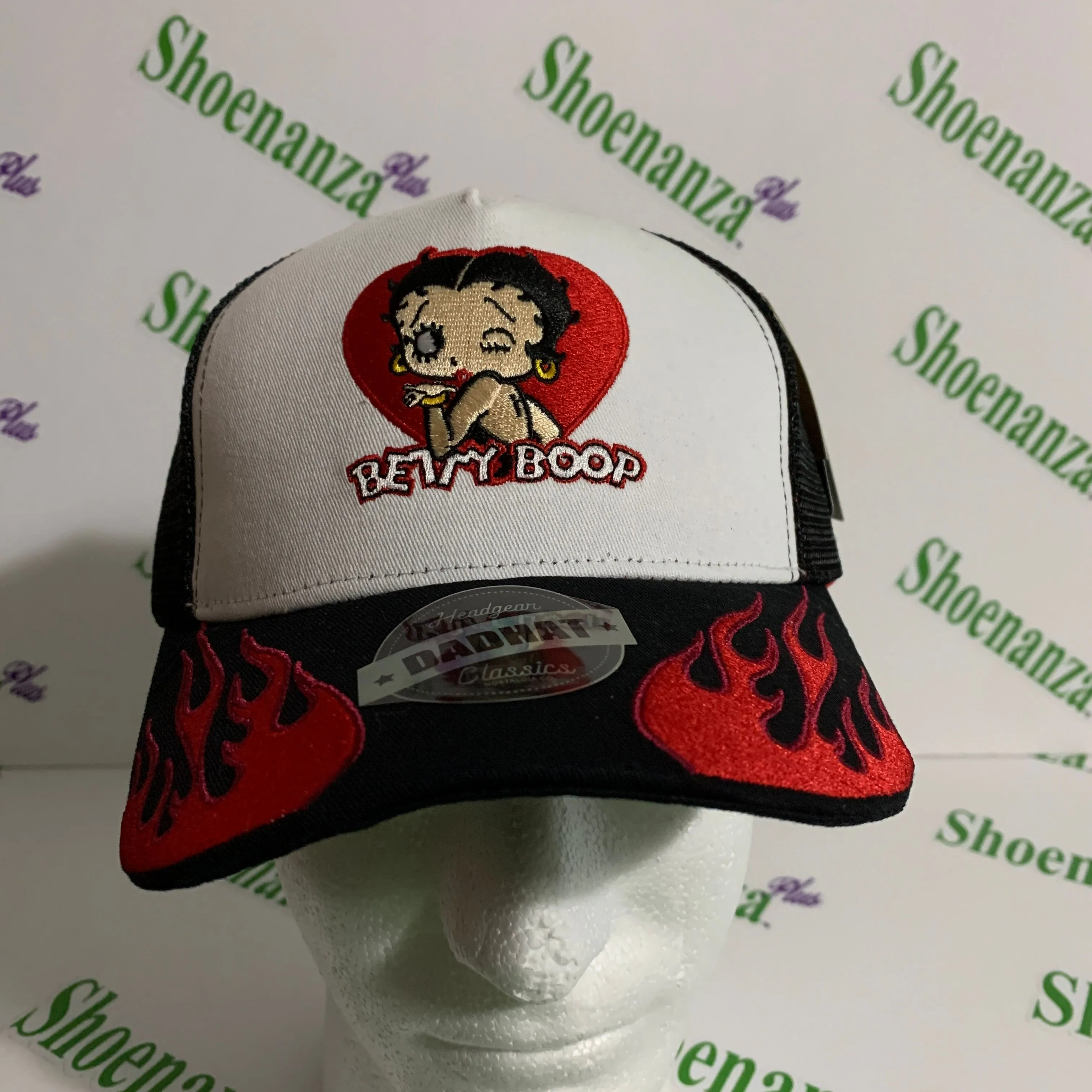 Product image for Headgear Classics Hat Betty Boop Motorcycle Club Flames Trucker White Black Cap