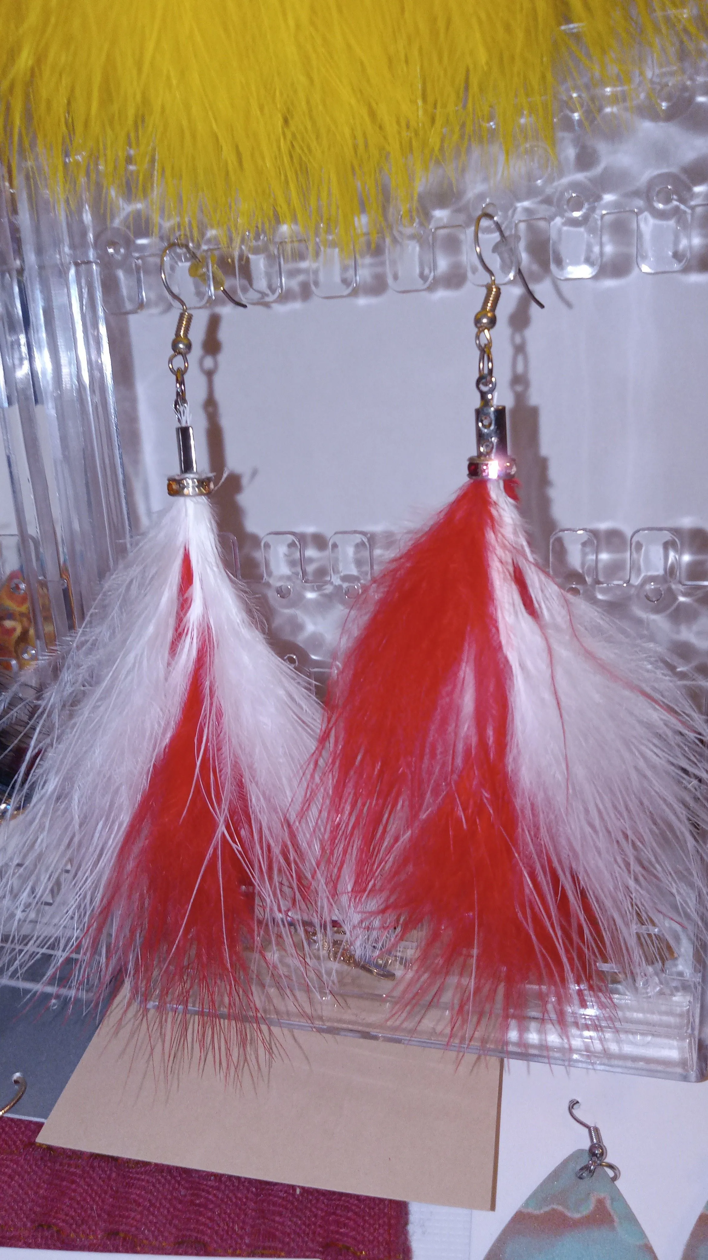 Product image for F1. Feather Earrings Red and White Pierced Handcrafted #1