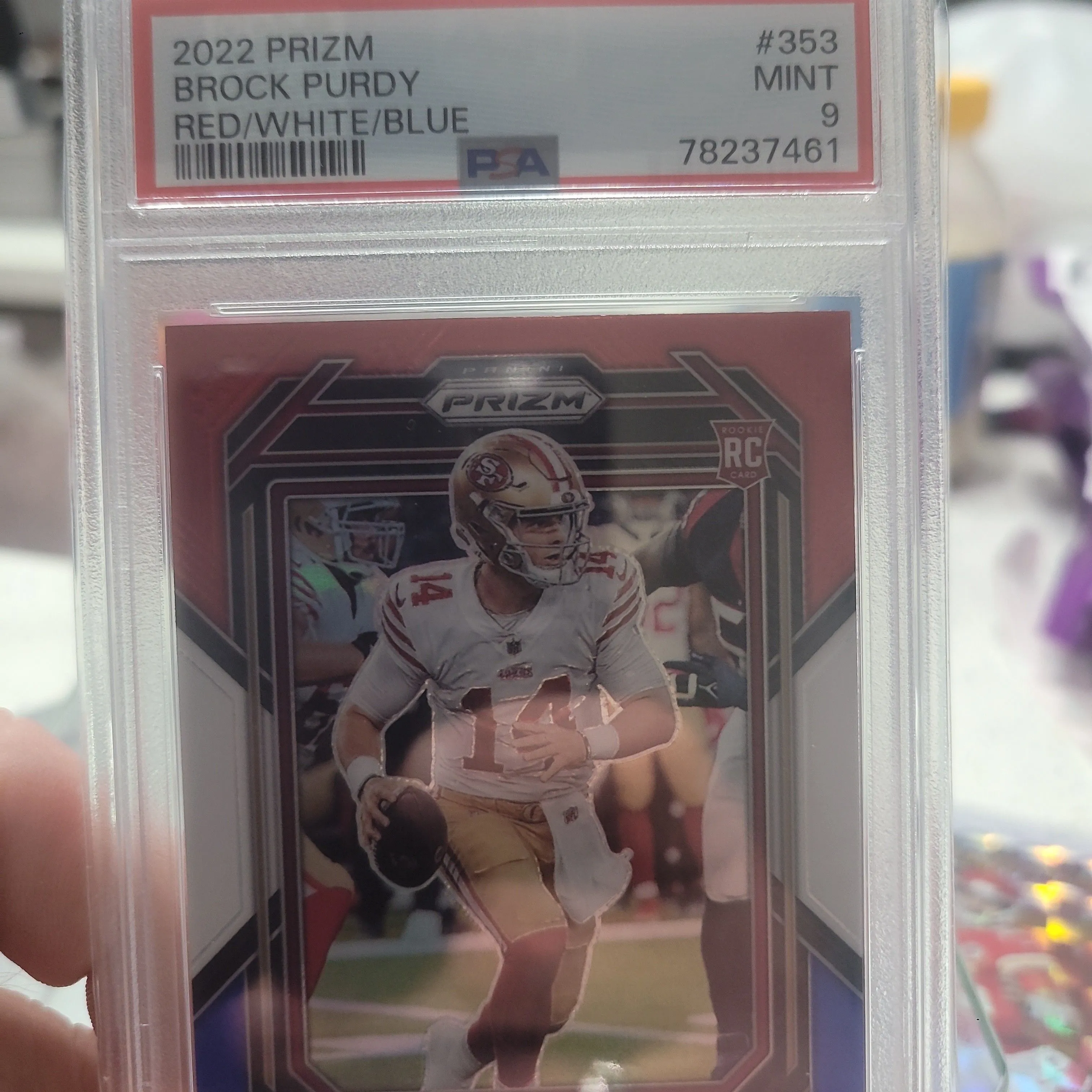Product image for 2022 Panini Prizm Brock Purdy 353 Red/White/Blue PSA MINT 9