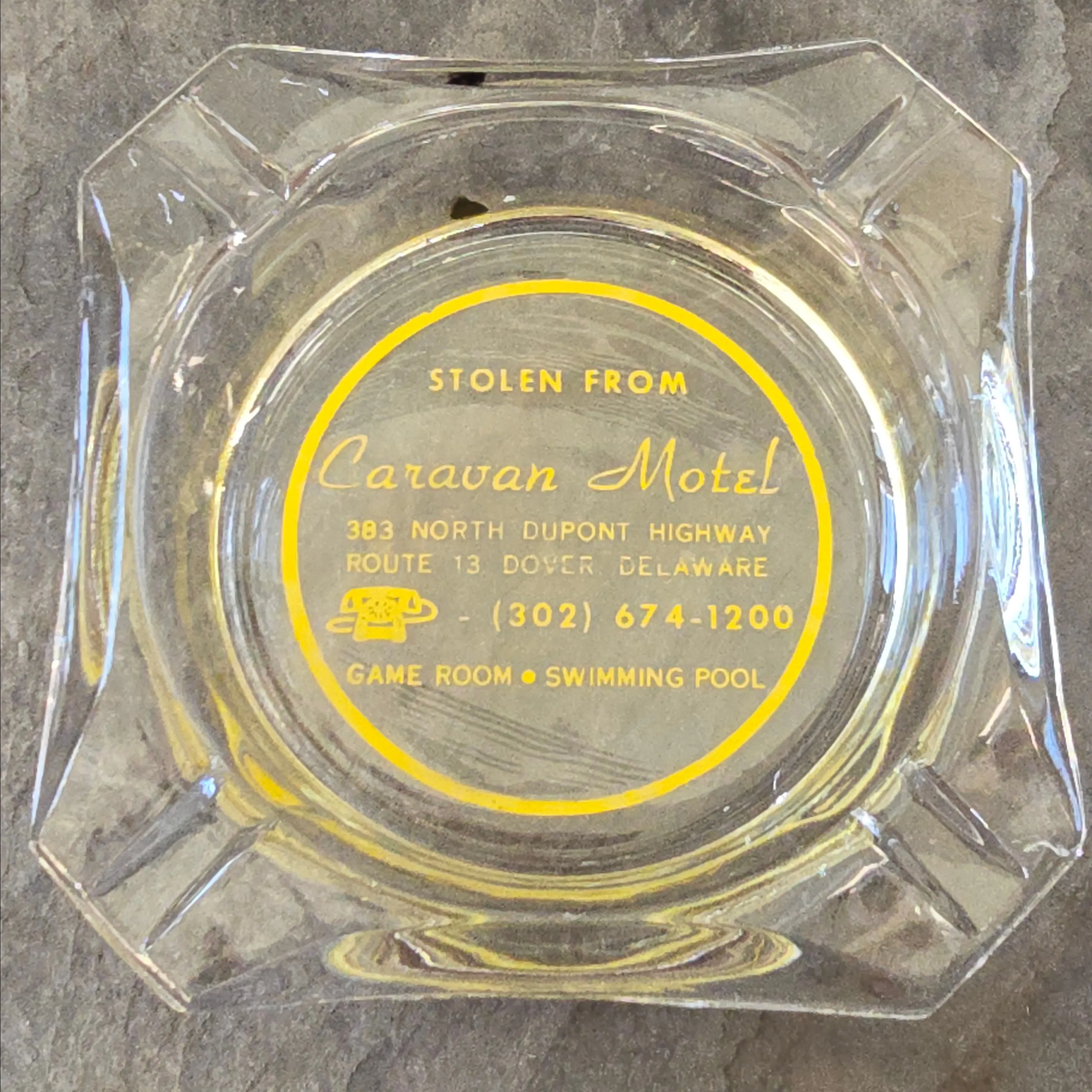 Product image for Vintage Stolen From Caravan Motel Dover, Delaware Glass Hotel Advertising Ashtray (WN-20-GX)