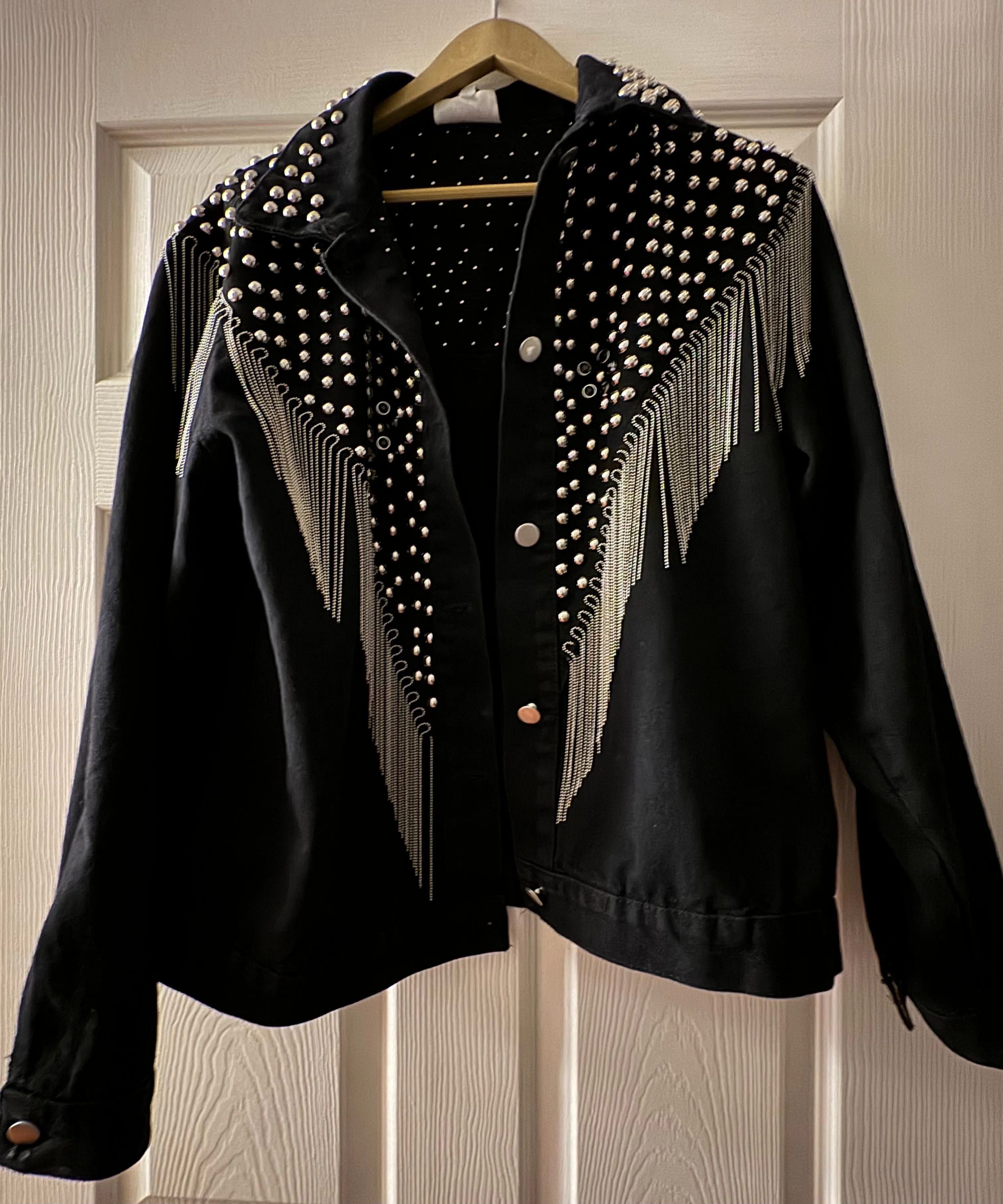 Product image for Black Denim Jean Jacket Upcycled Fringe lined Cuffs Size Large