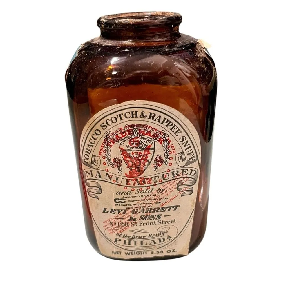 Product image for Vintage Levi Garrett & Sons Amber Glass Snuff Bottle With Label
