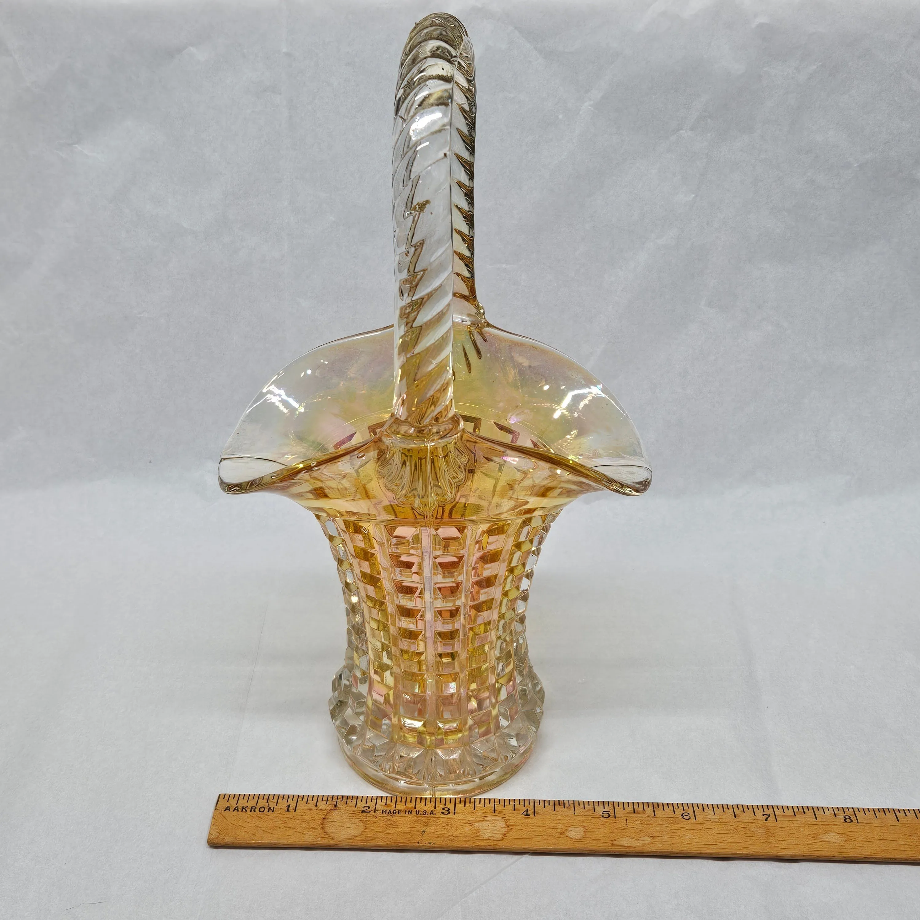 Product image for Marigold Carnival Glass Basket  Waffle Pattern