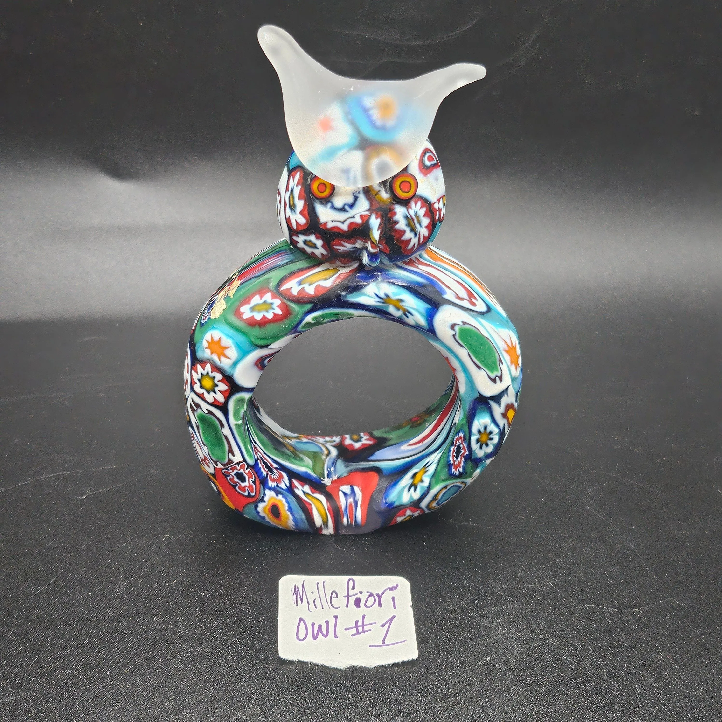 Product image for #1 HTF Vintage KB Italy Murano Venetian Art Glass Satin Millefiori Cut Cane Owl Napkin Ring RARE!