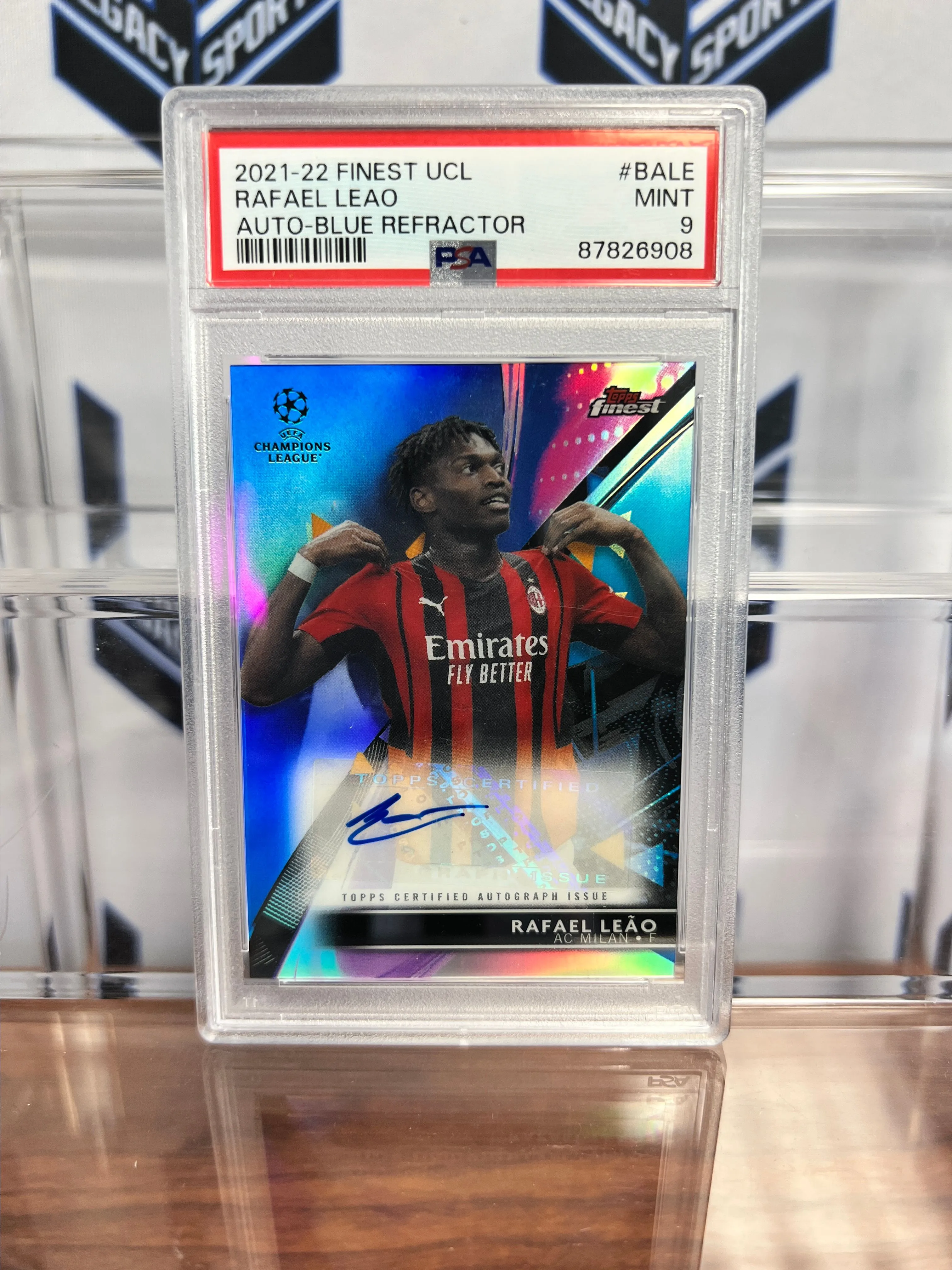 Product image for 2021-22 Topps Finest Rafael Leao AUTO Rookie Blue Refractor Autograph /150 PSA 9