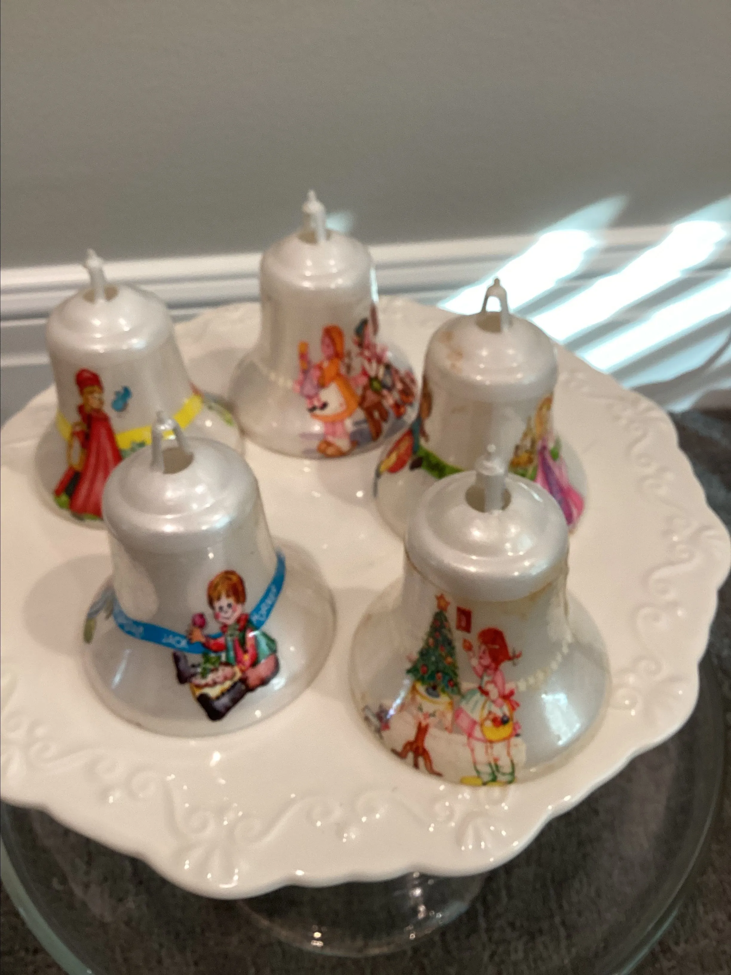 Product image for C16.  5 Vintage Bradford Nursery Rhyme Plastic Bell Christmas Ornaments 1975