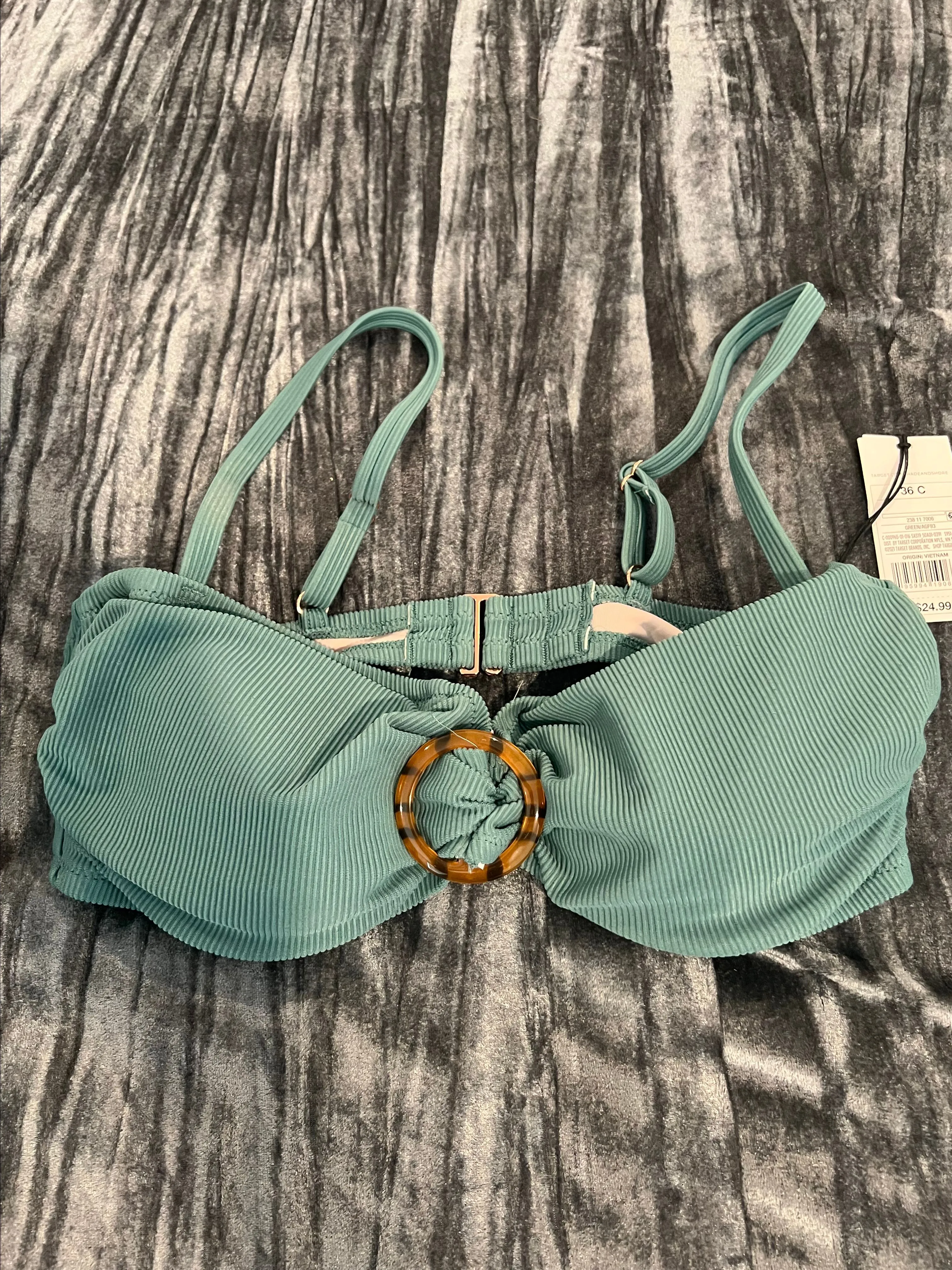Product image for Teal Ribbed Bikini Top with Tortoise Ring Size 36C by shade shore