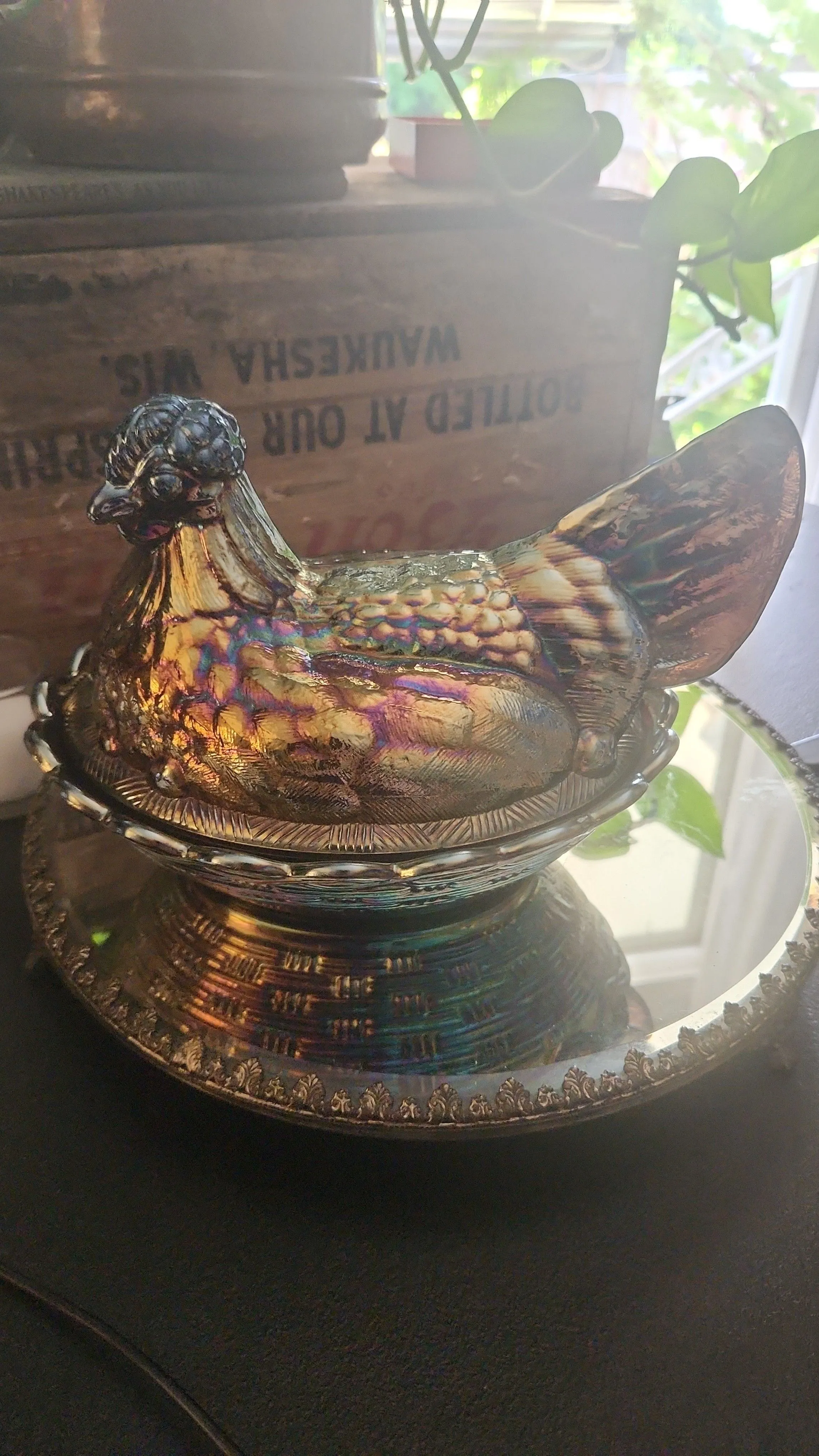 Product image for Fenton Carnival Glass Iridescent Hen on a Nest,