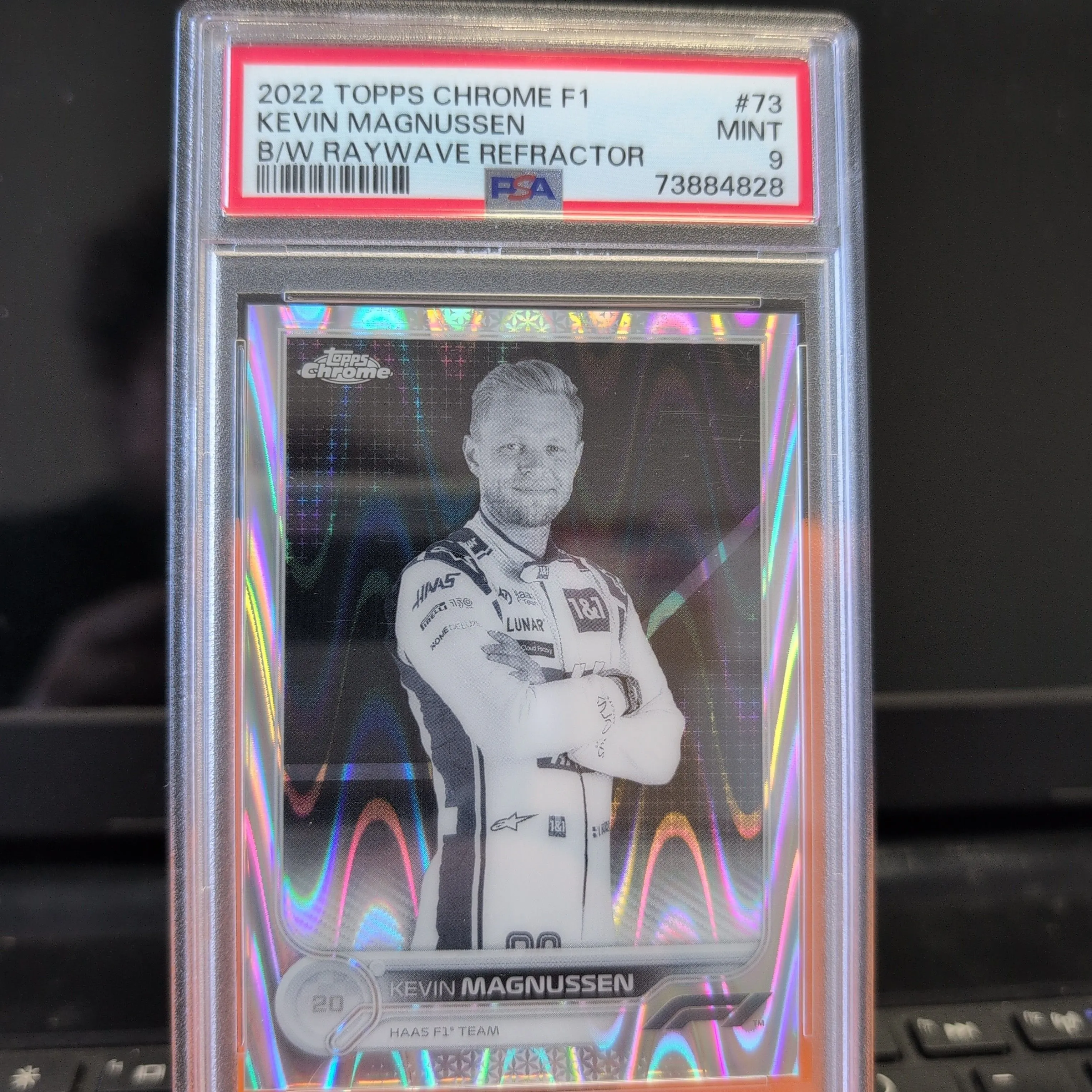 Product image for 2022 Topps Chrome Formula 1 Kevin Magnussen B/W Raywave Refractor PSA MINT 9