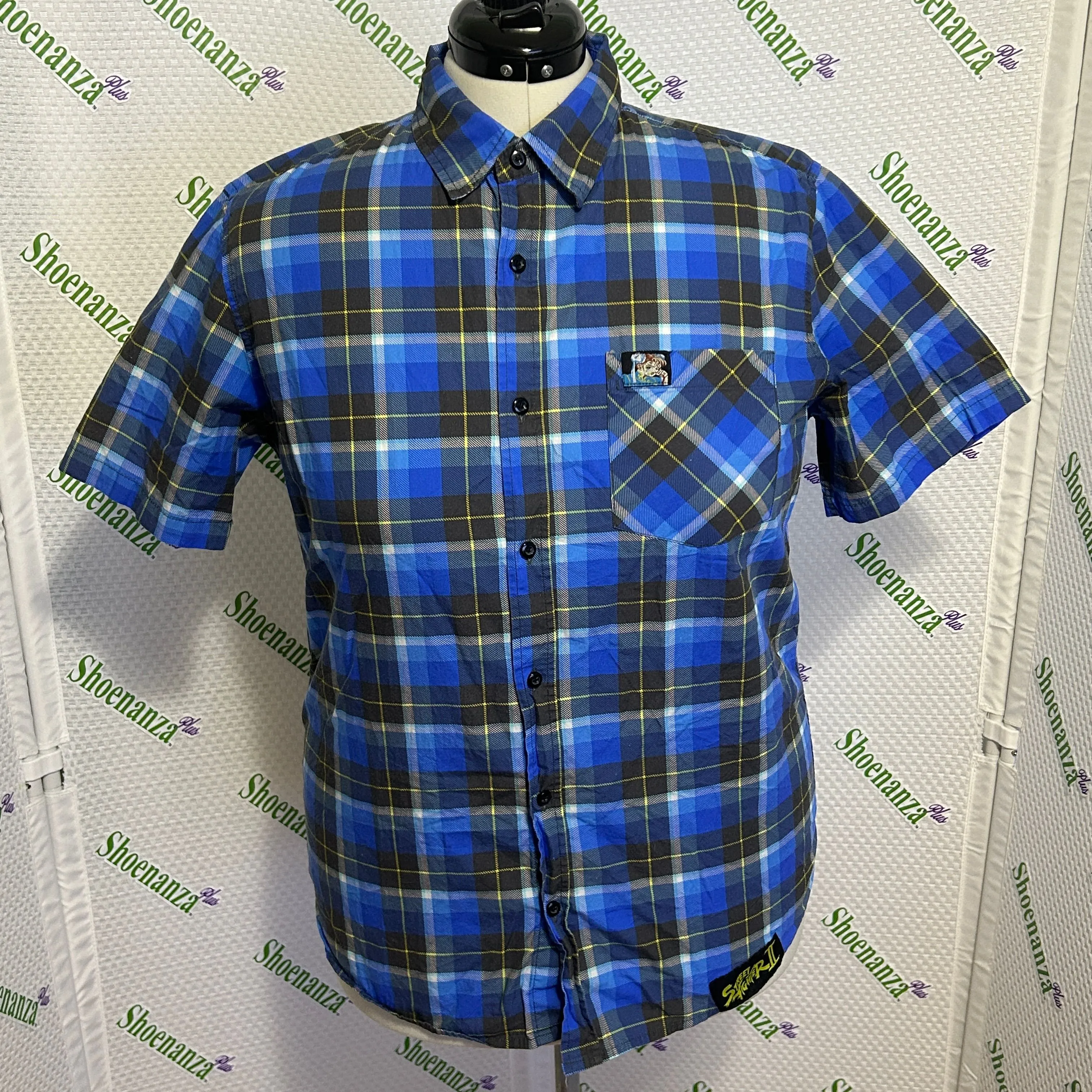 Product image for Middle Of Beyond Button Down Shirt Street Fighter II 2 Chun-Li Plaid MOB Mens L